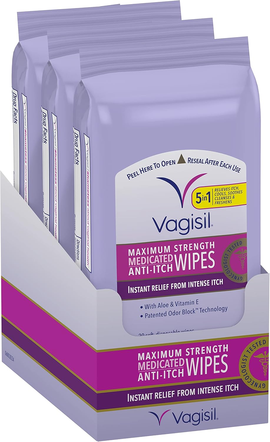 Vagisil odor block daily freshening wipes for feminine hygiene in resealable pouch, hypoallergenic, gynecologist tested, 20 wipes pack of 3