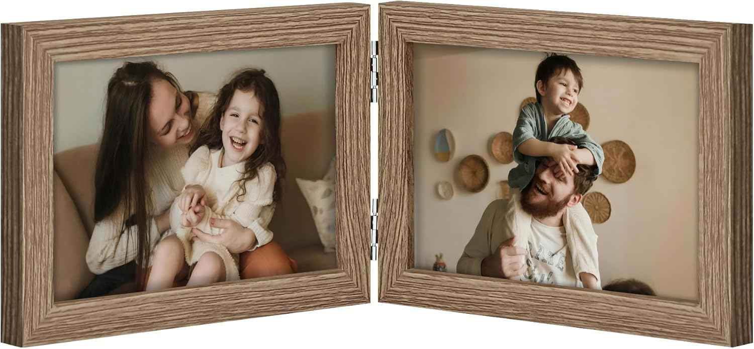 decorUhome Double 4x6 Picture Frame Vertical, Engineered Wood Bifold Photo Frame with Plexiglass for Tabletop Display, 4x6, Black