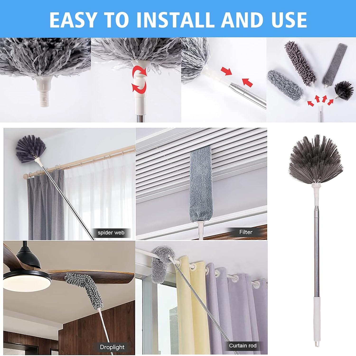 Microfiber feather duster kit with 5-in extension pole, cobweb duster, and microfiber dusters for high ceilings and furniture