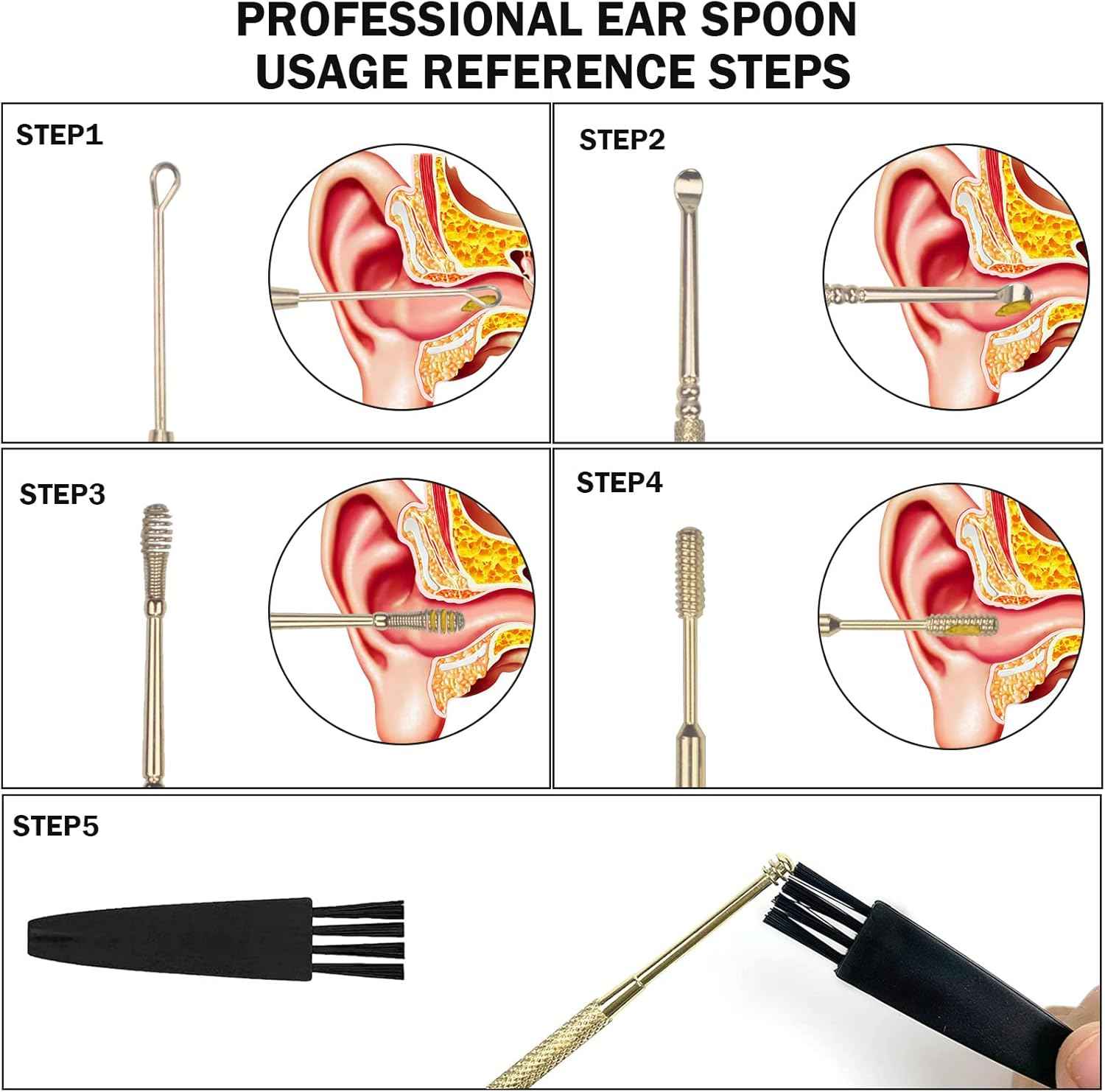 Hion 6 Pcs Extended Ear Wax Removal Kit,Professional Double-Headed Ear Pick Earwax Removal Tools,316L Stainless Steel Ear Cleaner Curette with Cleaning Brush and Storage Box,Suit for Kid Adult(Gold)