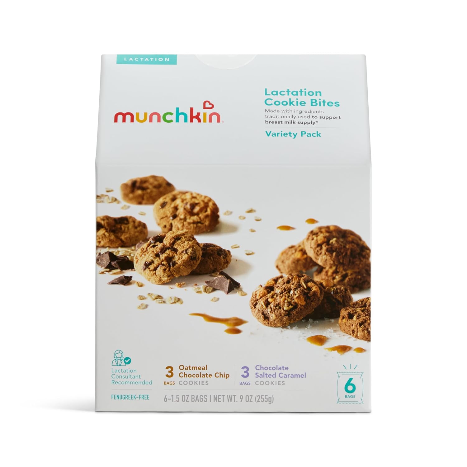 Munchkin lactation cookies help increase milk supply for nursing, breastfeeding, pumping moms, oatmeal, chocolate chip, 6 pack