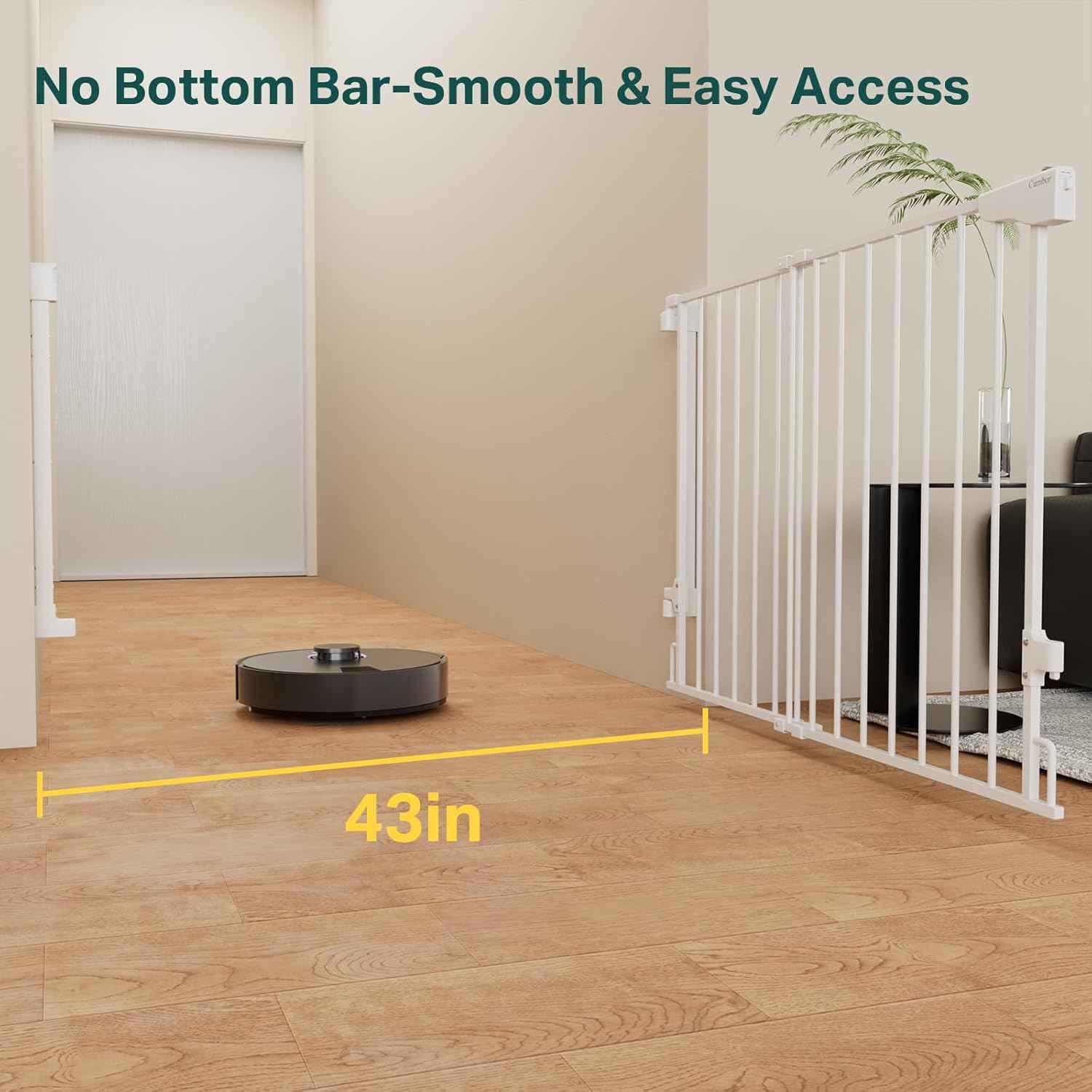 Cumbor 29.2–43" Baby Gate for Stairs, Wall-Mounted (Drill Required), Expandable No Bottom Bar Dog Gate, Auto Close Extra Wide Walk Thru, Pet & Toddler Proof Gate, Top & Bottom of Stairways (White)