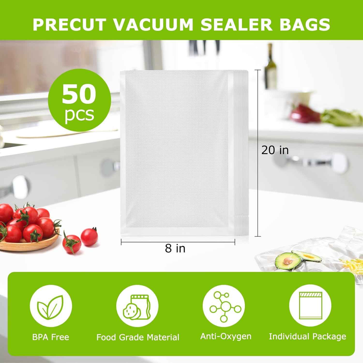 Bonsenkitchen Vacuum Sealer Bags, 50 Quart 8" x 12" Precut Food Sealer Bags, Commercial Grade, BPA Free, Heavy Duty, Customized Size Vacuum Bags for Vac Storage, Meal Prep or Sous Vide Cooking, VB12