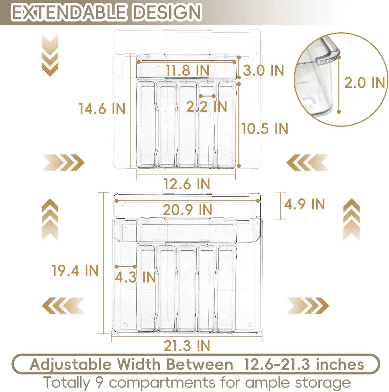 Expandable Silverware Organizers for Kitchen Drawer, Clear Utensil Drawer Organizer Tray, Adjustable Cutlery Flatware Holder for Spoon Fork Knife, Plastic Spatula Tools Gadgets Storage Divider