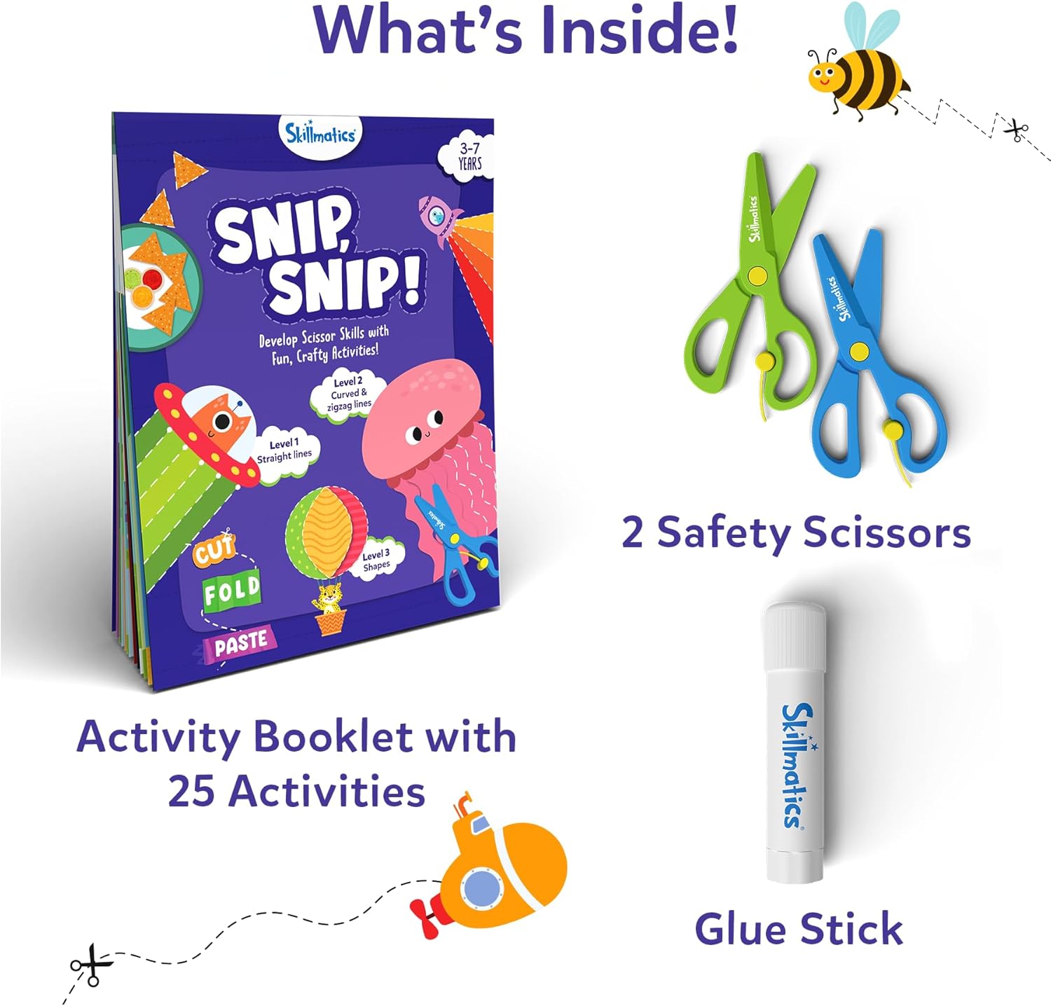 Skillmatics Scissor Skills Activity Book - Snip Snip, 25 Cutting Activities for Preschoolers, Felt Craft Kit, 2 Child-Safe Scissors, Fine Motor Skills, Screen-Free Fun, Gifts for Kids Ages 3-7