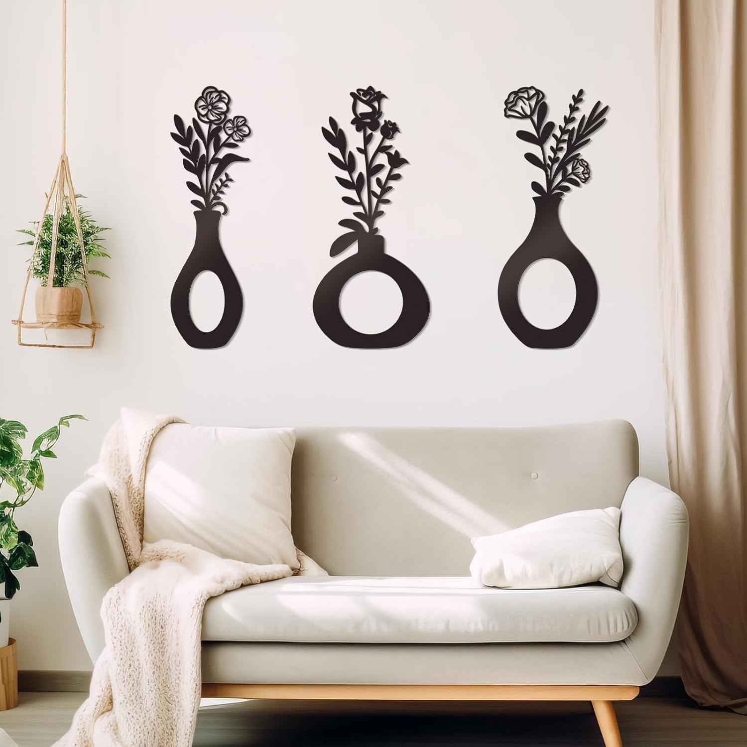 3 Pcs Black Flowers and Vases Decor Metal Flower Wall Decoration Metal Vase Wall Art Floral Home Decor Minimalist Art for Home Living Room Bathroom Dining Room (Modern)