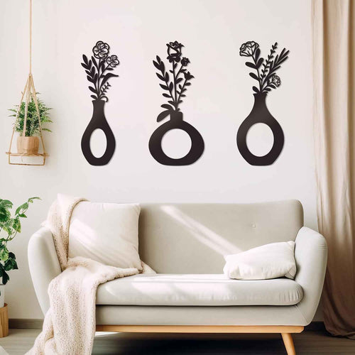 3 Pcs Black Flowers and Vases Decor Metal Flower Wall Decoration Metal Vase Wall Art Floral Home Decor Minimalist Art for Home Living Room Bathroom Dining Room (Modern)