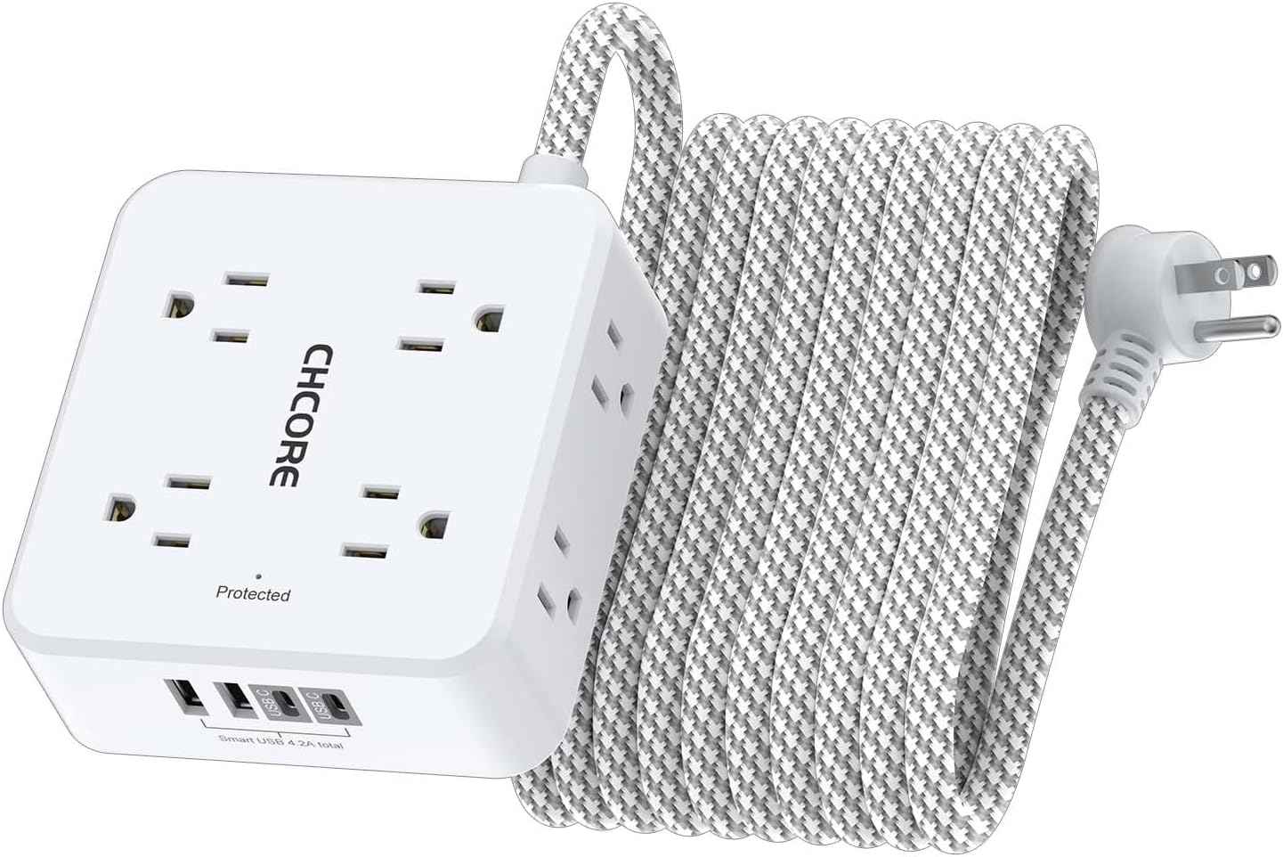 Surge Protector Power Strip - CHCORE 5Ft Braided Extension Cord with 8 Outlets with 4 USB (2 USB C) Charging Ports, Flat Plug Multi Plug Outlet Extender Charging Station for Home Office, ETL, White