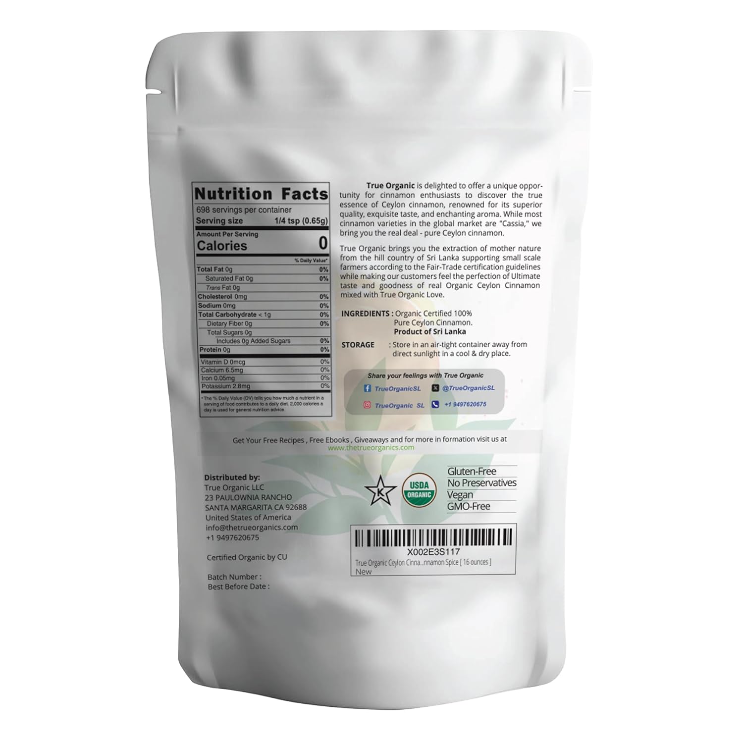 True Organic 1 lb Pure Ceylon Cinnamon Powder, Premium Grade, Gluten Free, USDA & Kosher Certified