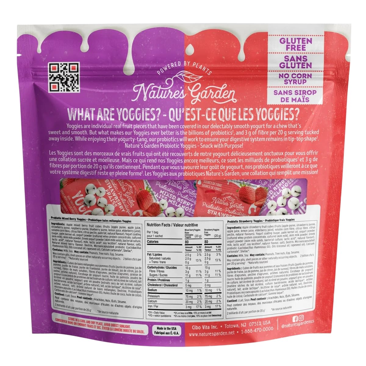 Nature's Garden Probiotic Yoggies multi-pack, 21oz, strawberry and mixed berry flavors, 0.7oz each, high fiber, real fruit pieces, no artificial ingredients