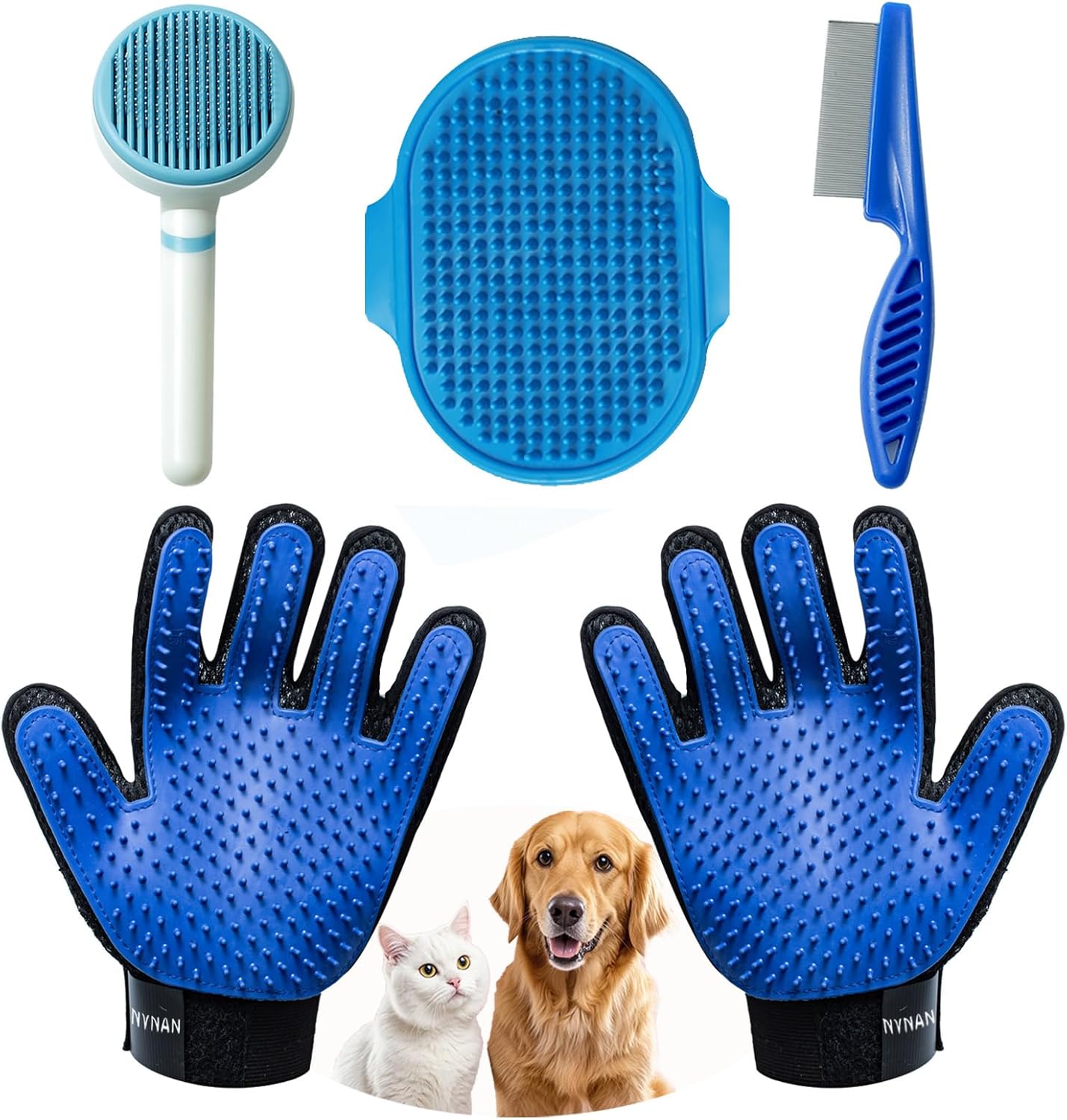 Pet Hair Removal Gloves for Dogs and Cats - 2-in-1 Deshedding Brush Massage Mitt for Shedding Control and Safe Pet Grooming 2-Pack (Blue)