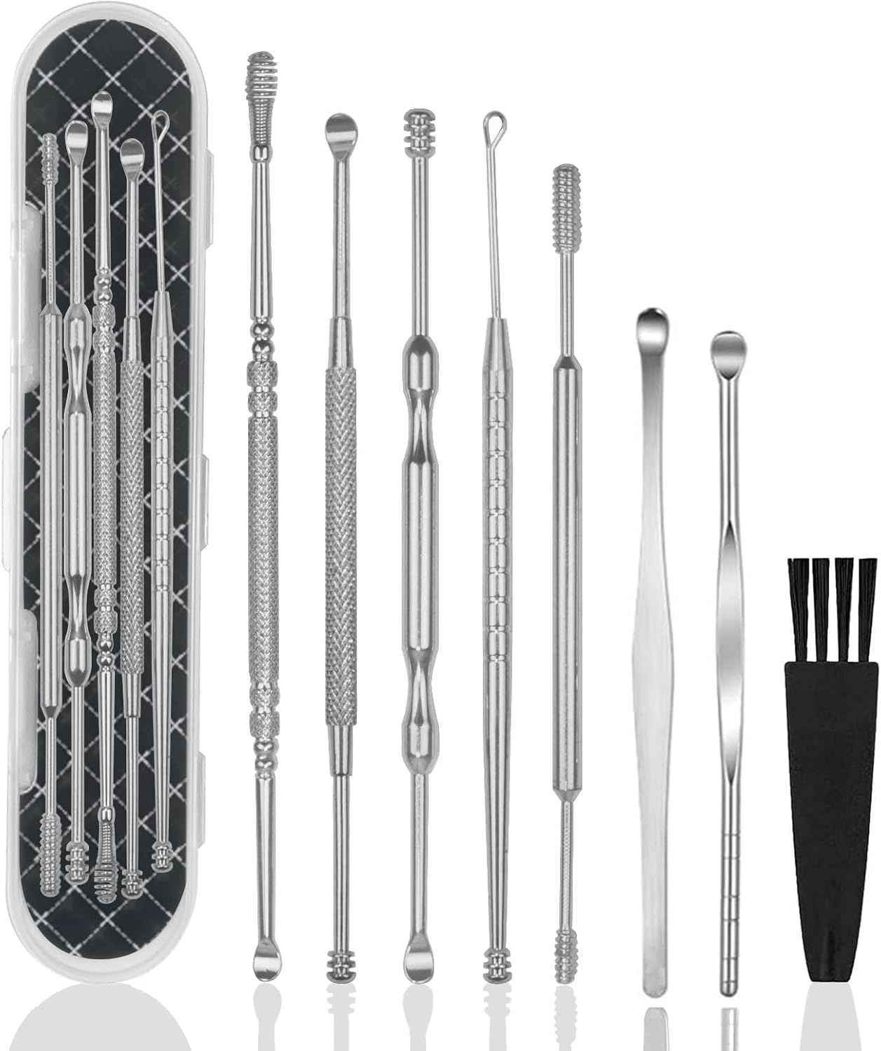 Hion 6 Pcs Extended Ear Wax Removal Kit,Professional Double-Headed Ear Pick Earwax Removal Tools,316L Stainless Steel Ear Cleaner Curette with Cleaning Brush and Storage Box,Suit for Kid Adult(Gold)