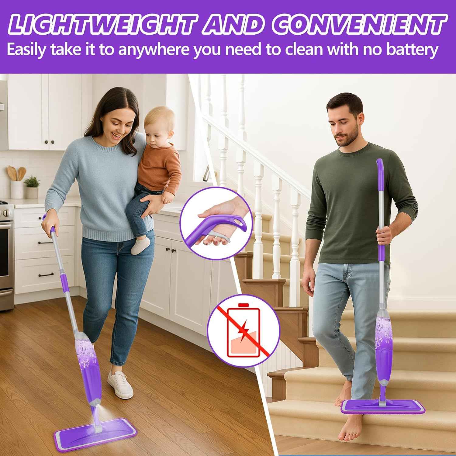 HOMTOYOU Spray Mops for Floor Cleaning: Wet Mop for Hardwood Tile Wood Laminate Vinyl - 3 Washable Microfiber Pads for Swiffer Powermop - Absorbs Pet Hair Dust