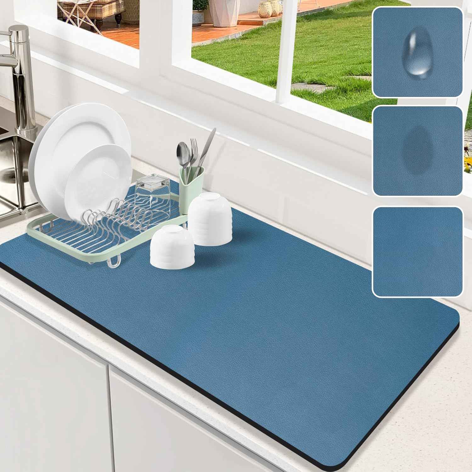 Dish Drying Mat for Kitchen Counter, 12"x19" Dish Drying Pad with Non-slip Rubber Backed, Hide Stain Anti Absorbent for Kitchen Counter, Drying Mat for Coffee Machine Dish Rack (Grey)