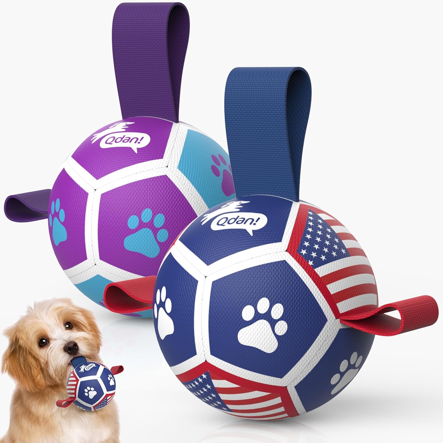 Qdan dog toys 6 inch world cup dog soccer ball with straps for small medium pet outdoor play