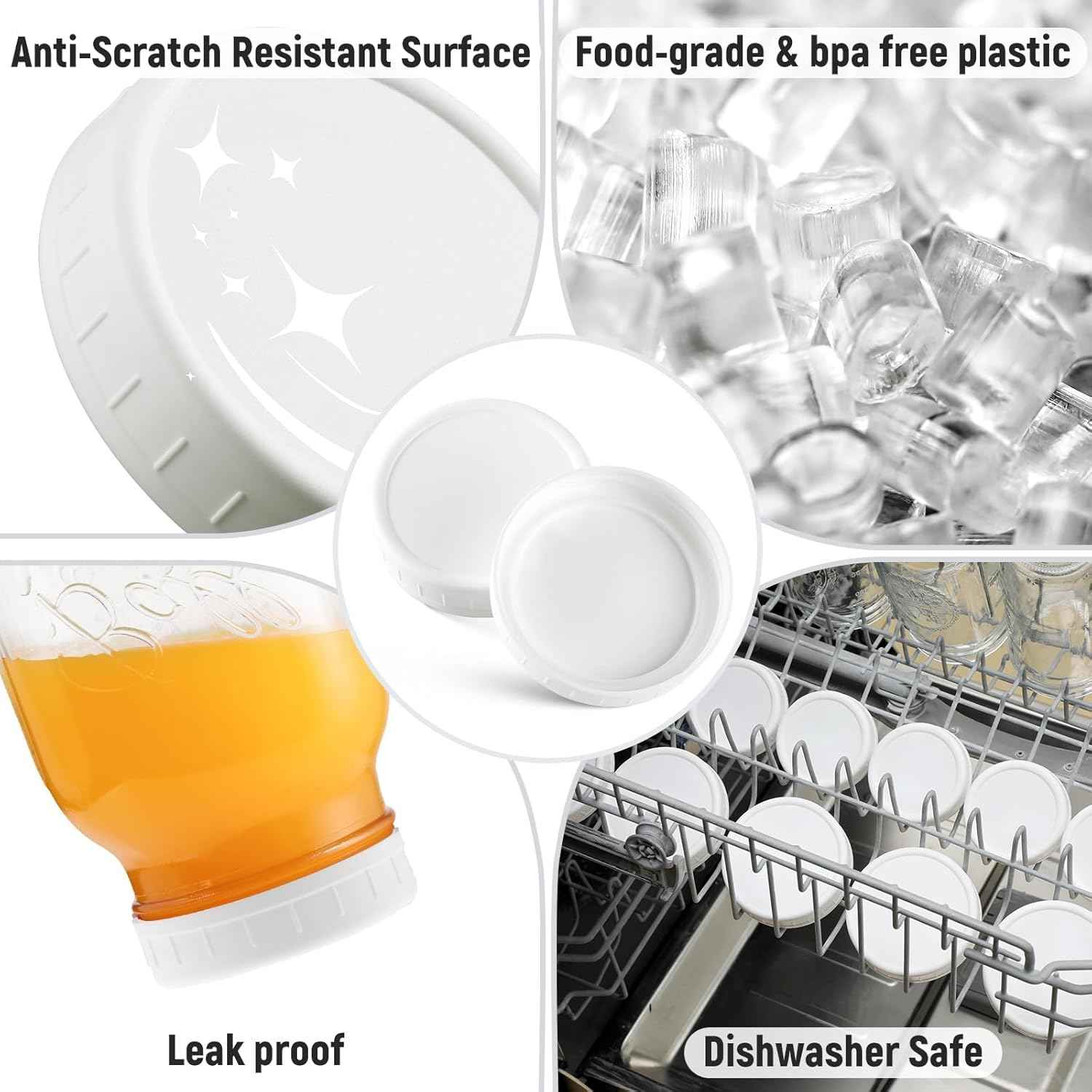 AOZITA [10 Pack] WIDE Mouth Mason Jar Lids for Ball, Kerr and More - White Plastic Storage Caps for Mason/Canning Jars - Leak-Proof, Dishwasher Safe & Food Grade