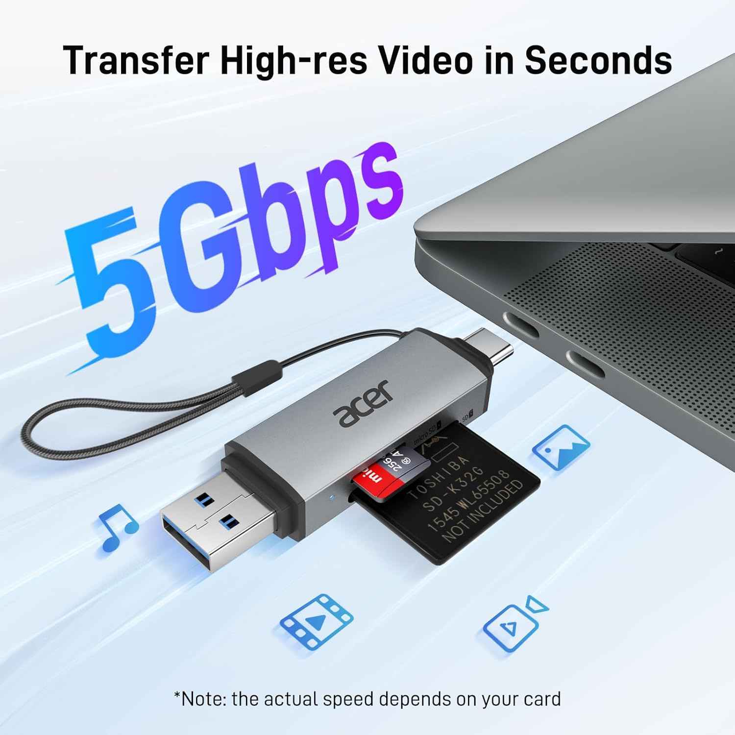 acer SD Card Reader USB C, Dual Slots USB 3.0 Type C to Micro SD Card Adapter, Memory Card Reader for MicroSD, SDHC, SDXC, Compatible with Laptop, PC, iPhone16/15, MacBook Pro/Air, iPad Pro, Android
