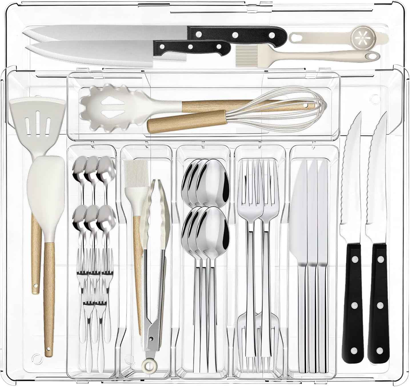 Expandable Silverware Organizers for Kitchen Drawer, Clear Utensil Drawer Organizer Tray, Adjustable Cutlery Flatware Holder for Spoon Fork Knife, Plastic Spatula Tools Gadgets Storage Divider