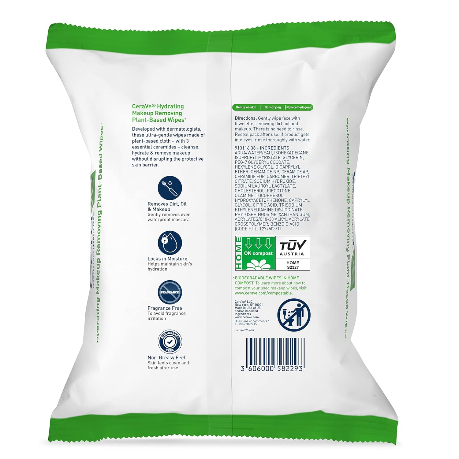 cerave plant-based face wipes, hydrating makeup remover, biodegradable, fragrance-free, 25-count, sensitive skin