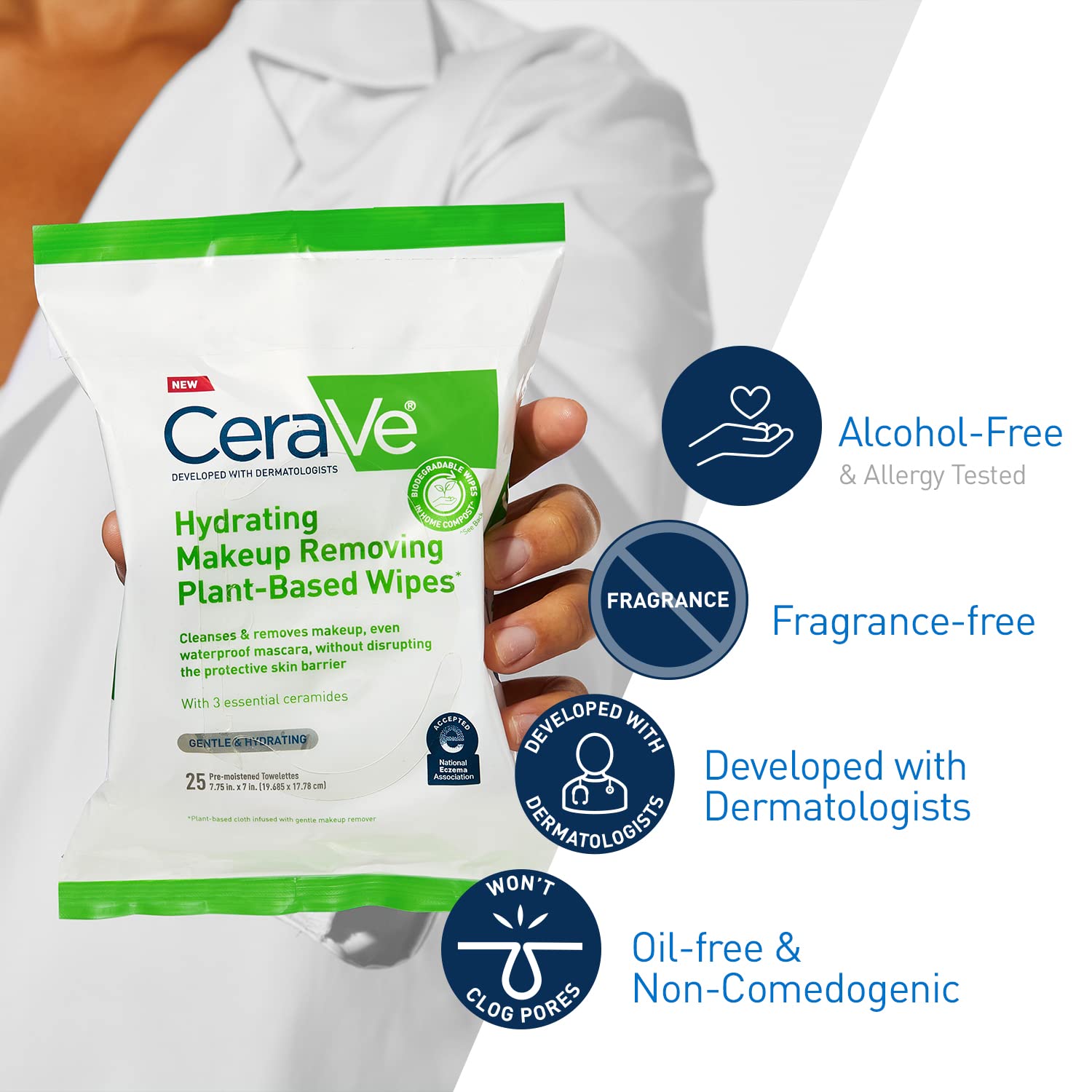 cerave plant-based face wipes, hydrating makeup remover, biodegradable, fragrance-free, 25-count, sensitive skin