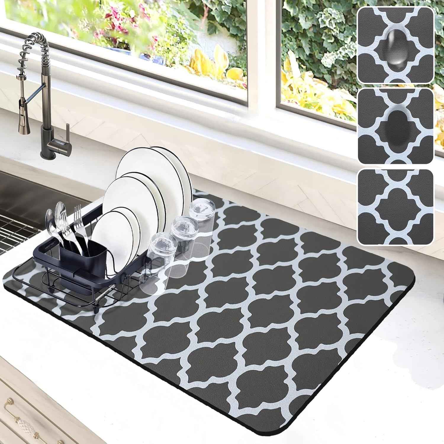 Dish Drying Mat for Kitchen Counter, 12"x19" Dish Drying Pad with Non-slip Rubber Backed, Hide Stain Anti Absorbent for Kitchen Counter, Drying Mat for Coffee Machine Dish Rack (Grey)