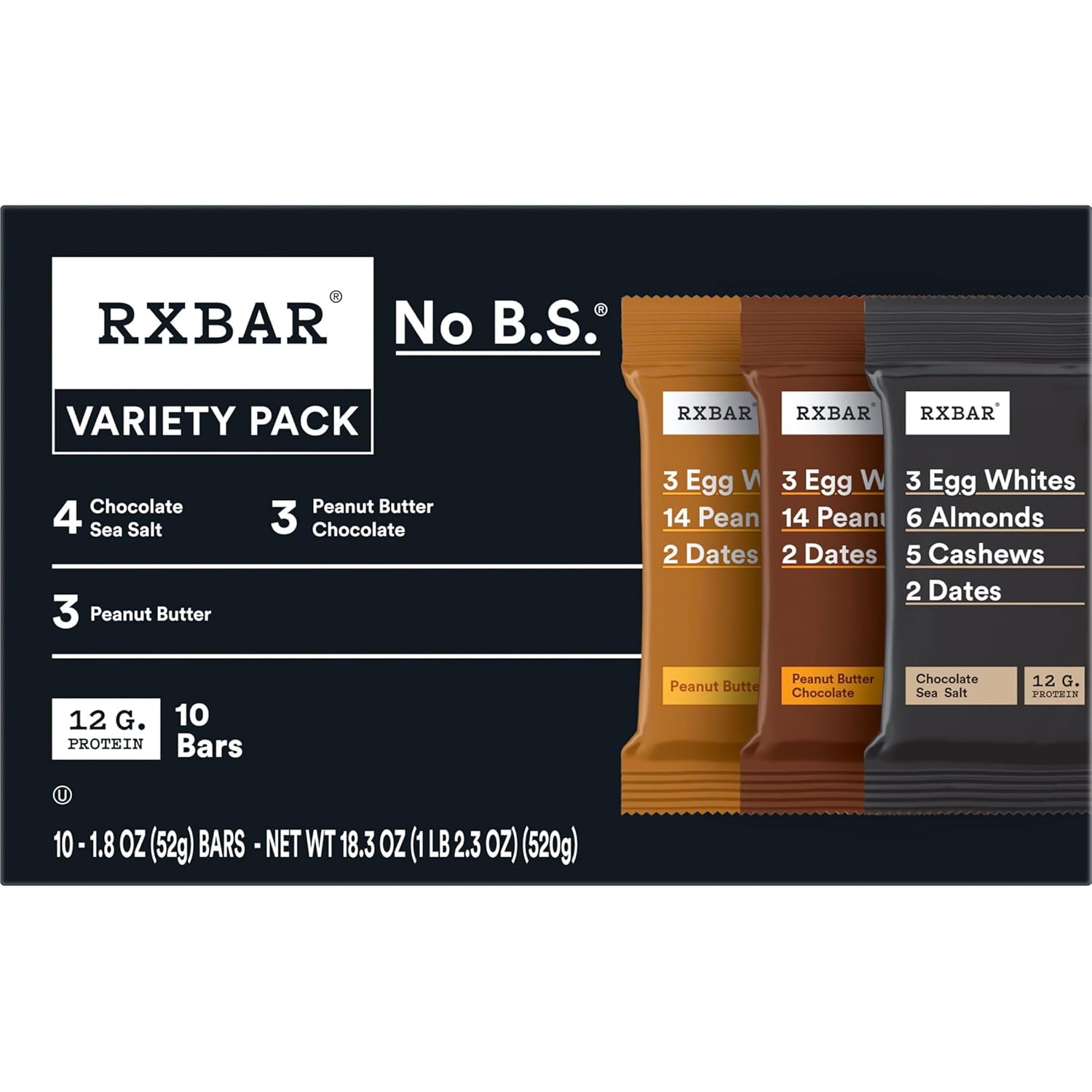rxbar variety pack, 18.3oz box, 10 count, 12g protein snack bars