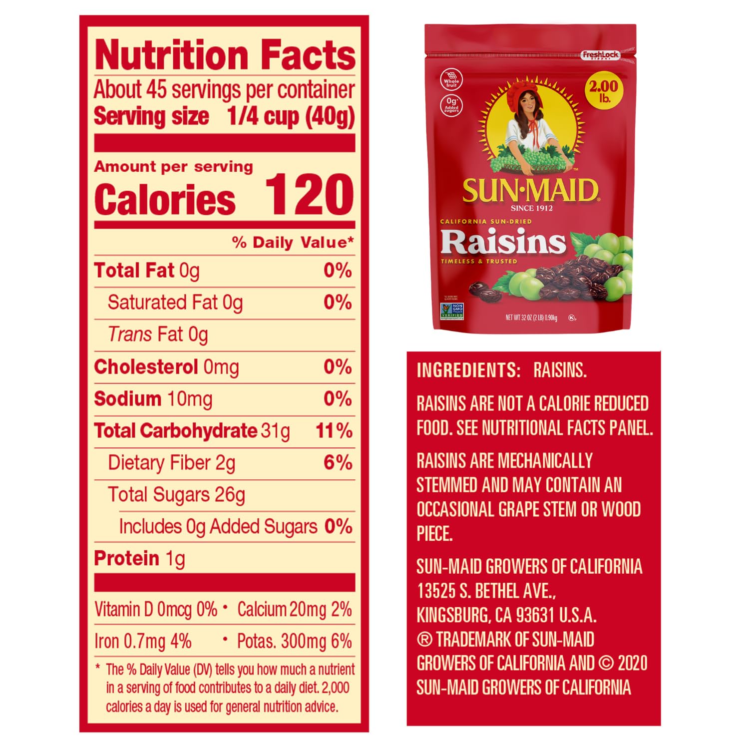 Sun-Maid California sun-dried raisins 2-pack 32 oz resealable bag natural sweetener snack