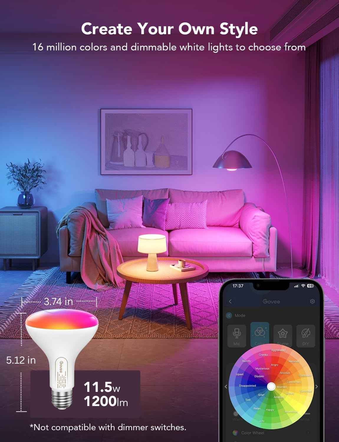 Govee Smart Light Bulbs, 1200 Lumens Dimmable BR30 Bulbs, RGBWW Color Changing Light Bulb, Flood Light Bulbs Work with Alexa, Google Assistant, WiFi & Bluetooth LED Bulbs, Music Sync, 2 Pack