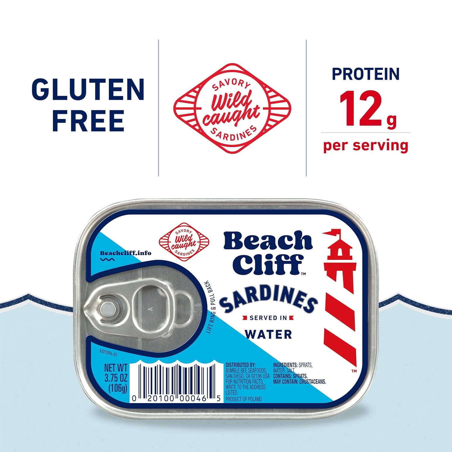 Beach Cliff Wild Caught Sardines in Water, 3.75 oz Cans, 12g Protein per Serving, Gluten Free, Keto Friendly, Pack of 12