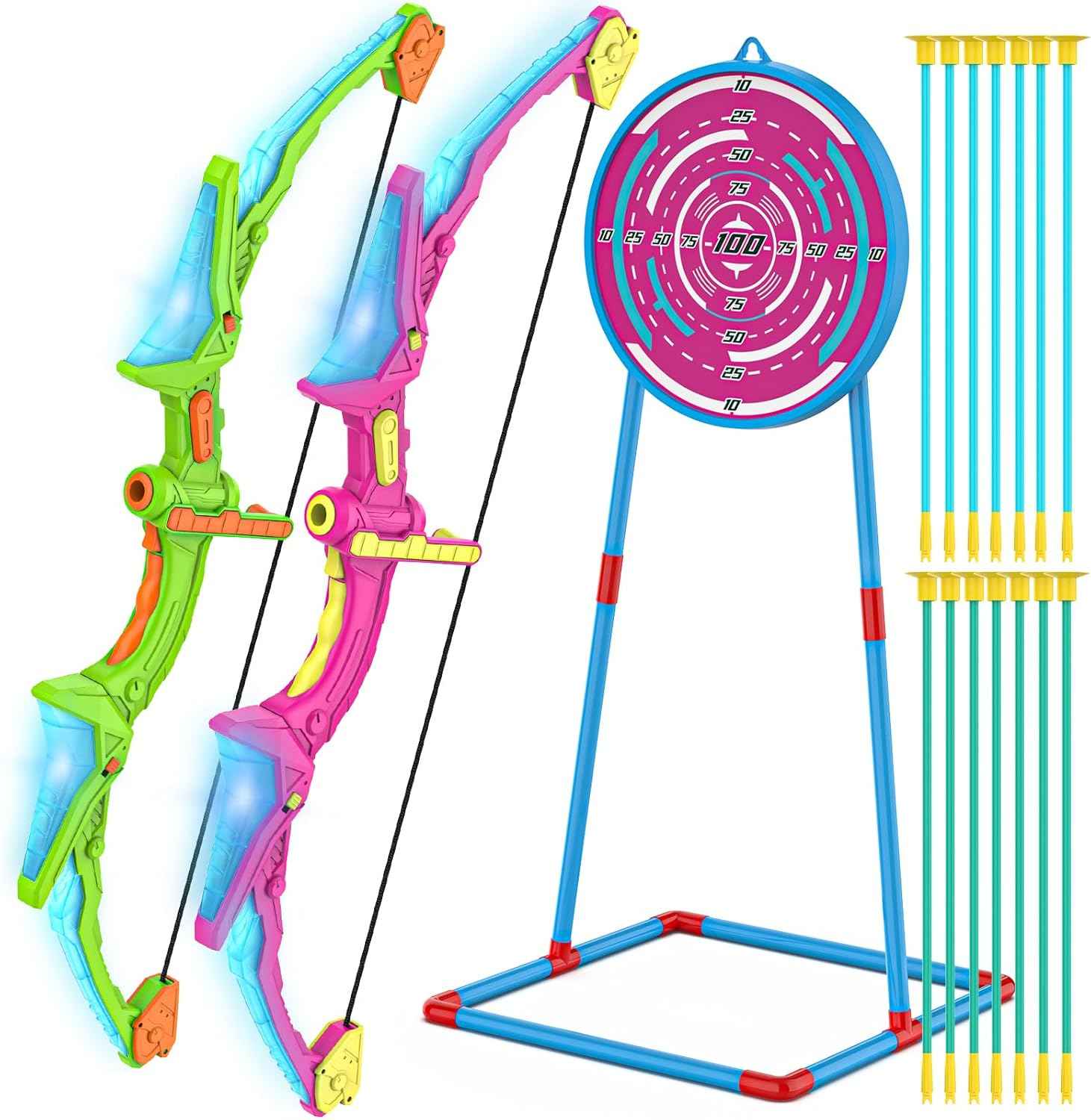 Kmuxilal 2 Pack Kids Bow and Arrow Set with LED Flash Lights, 14 Suction Cup Arrows and Fluorescence Standing Target-Perfect Indoor and Outdoor Game Archery Set Toy Gift for 4 5 6 7 8-12 Year Old Boys