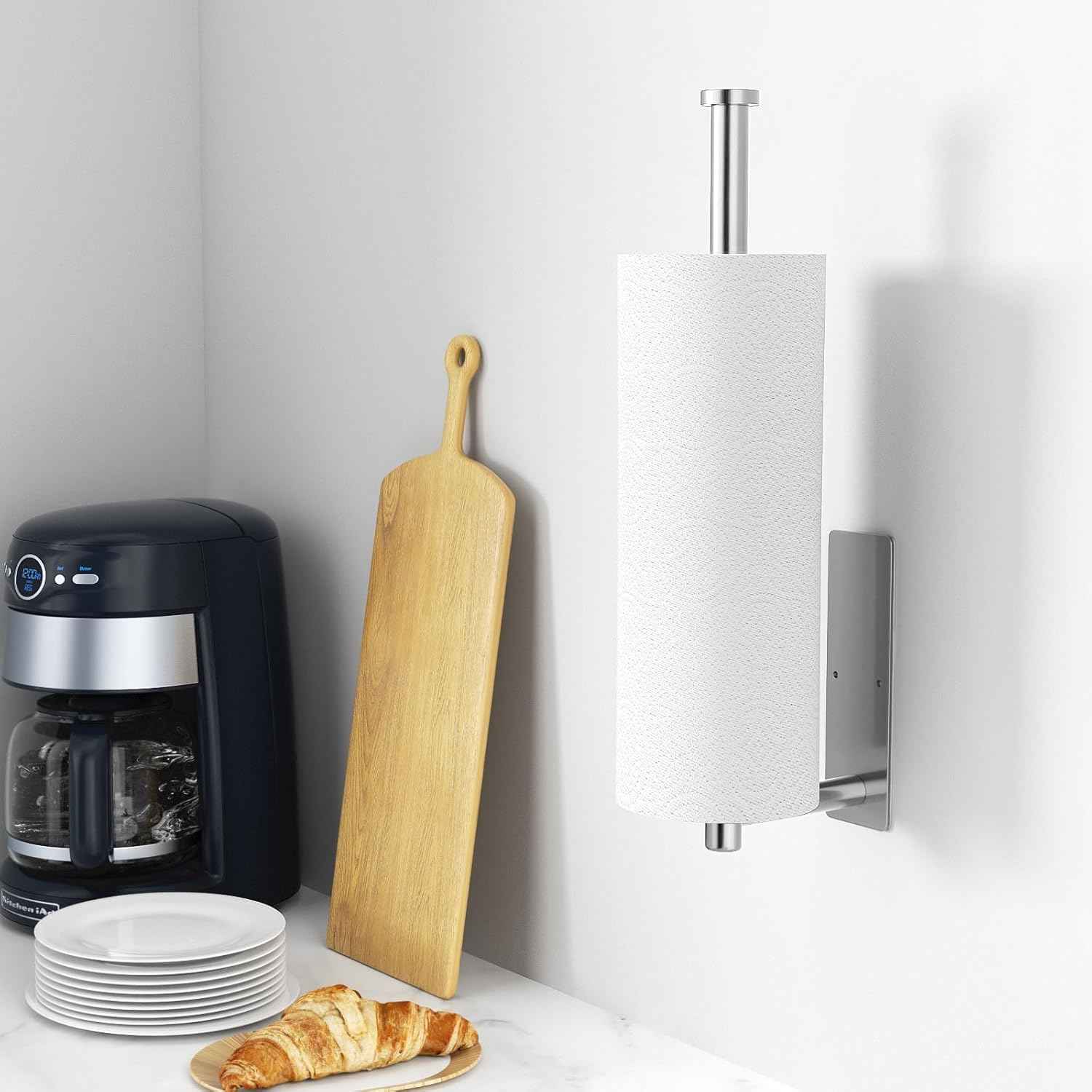 Paper Towel Holder - Self-Adhesive or Drilling, Brushed Nickel, Wall Mounted, SUS304 Stainless Steel Kitchen Roll Dispenser Under Cabinet