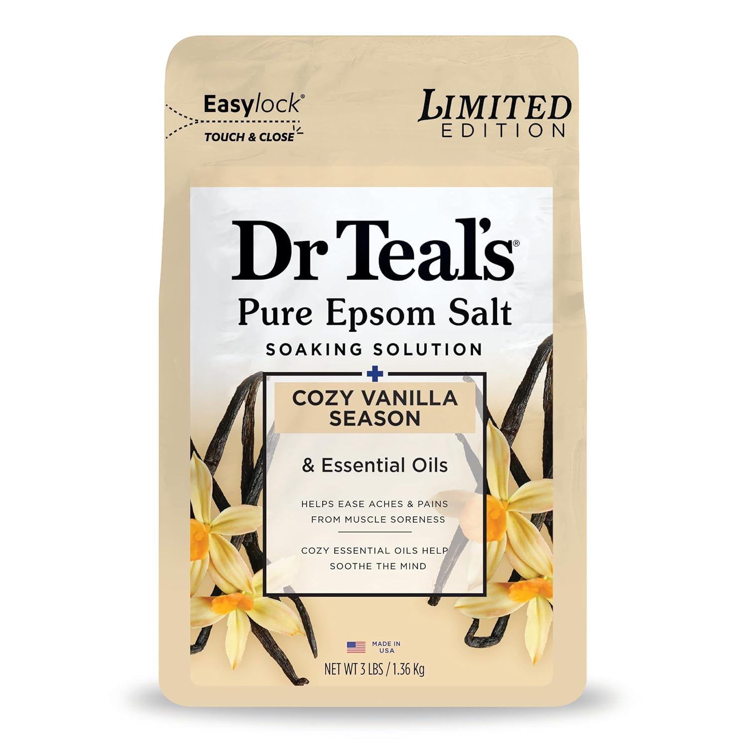 dr teals epsom salt magnesium soak, limited edition cozy vanilla season, 3lbs, relax, unwind, spa, self-care