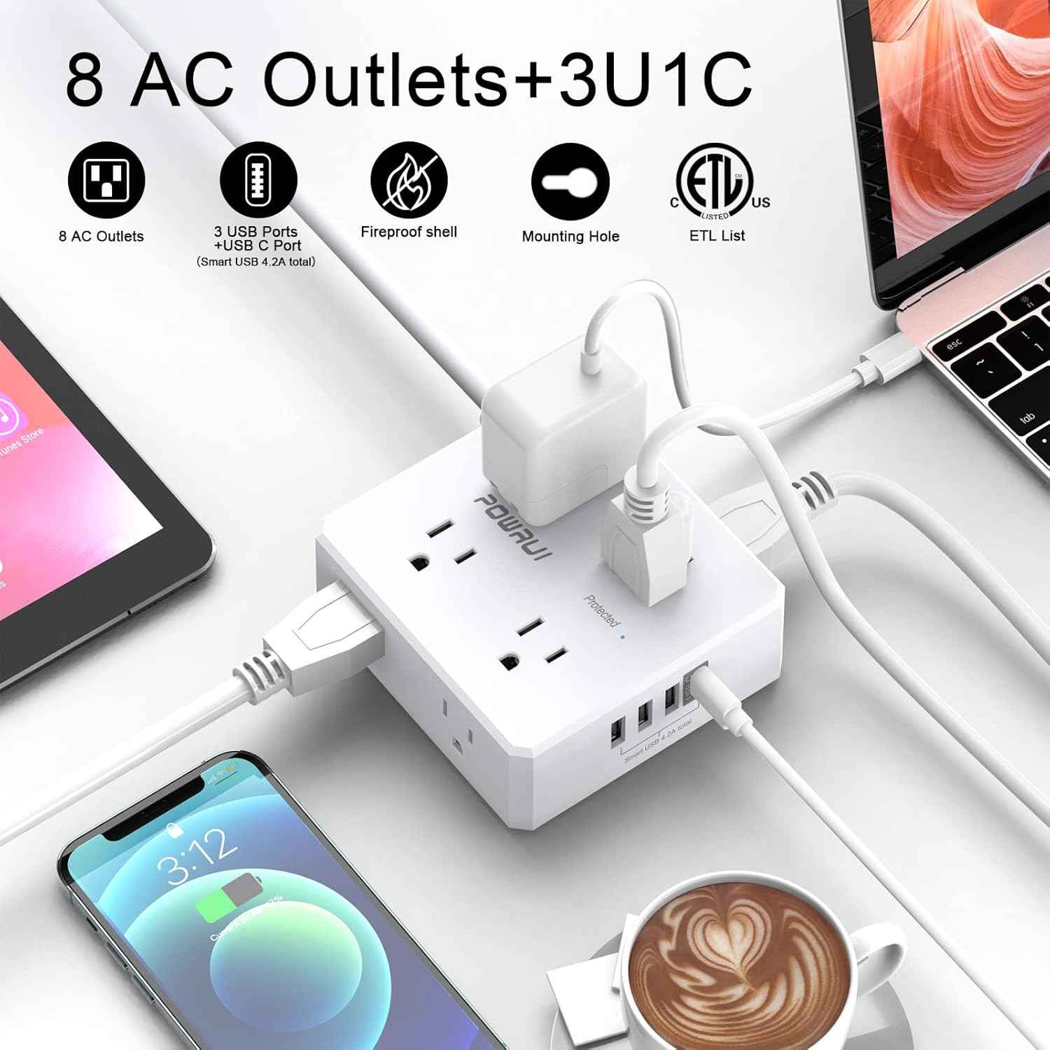 Surge Protector Power Strip - 6 Ft Flat Plug Extension Cord with 8 Widely Outlets and 4 USB Ports(1 USB C), 3 Side Outlet Extender for Home Office, White, ETL Listed