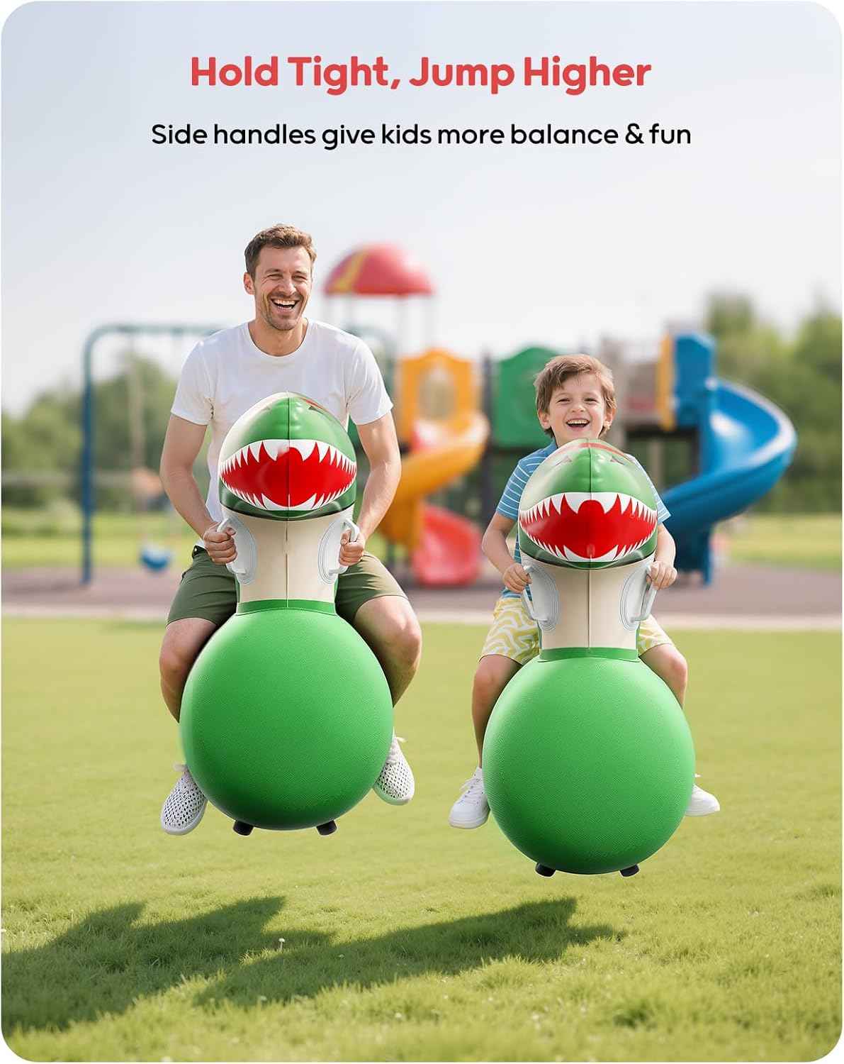 QPAU Inflatable Bouncy Dinosaur Toys 2 PCS with Hand Pump, Heavy Duty Giant Bouncy Pal, 220lbs Load Capacity, Ride On Bouncy Animal Hopper Toy, Indoor Outdoor Bouncers for Kids Girls Boys Ages 5+