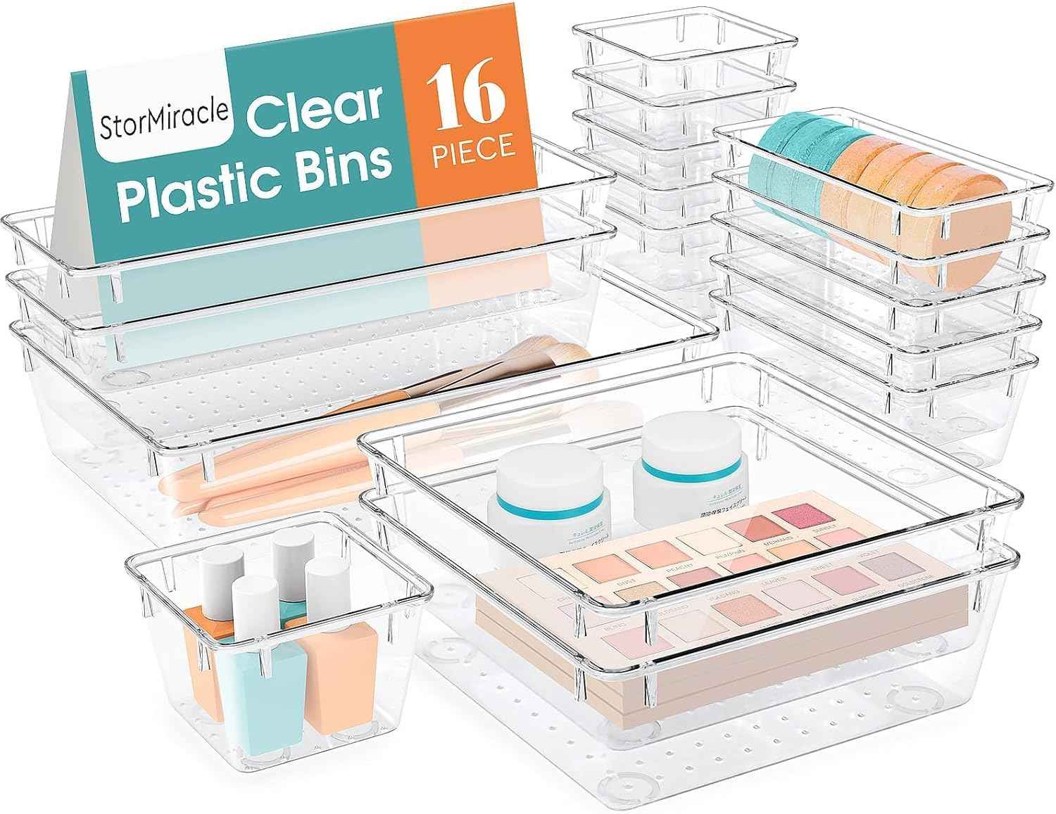 16 PCS Drawer Organizer Set, 5 Varied Size Bathroom and kitchen Drawer cabinet organizer Trays, Clear Storage Bins for Makeup, Jewelry, Utensils and Gadgets
