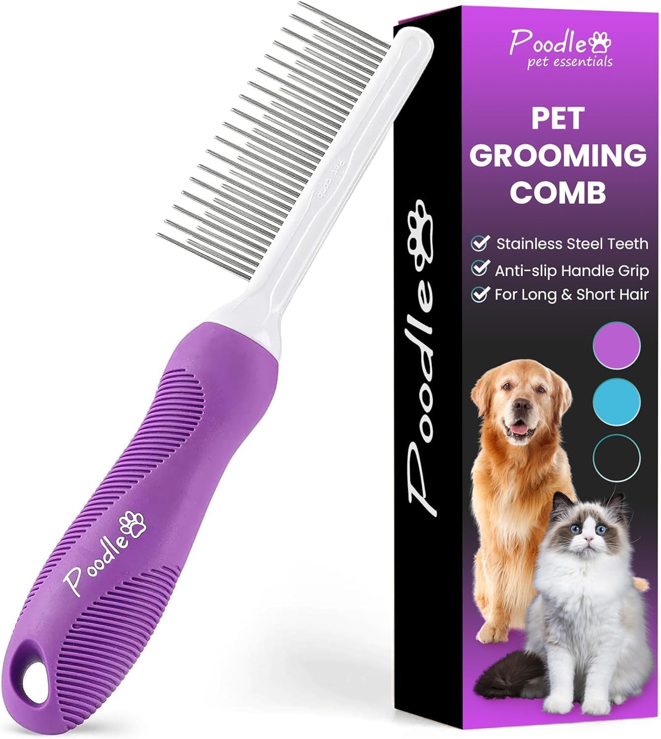 poodle-dematting-fur-rake-comb-brush-for-dogs-and-cats-with-long-2.5inch-steel-safety-blades