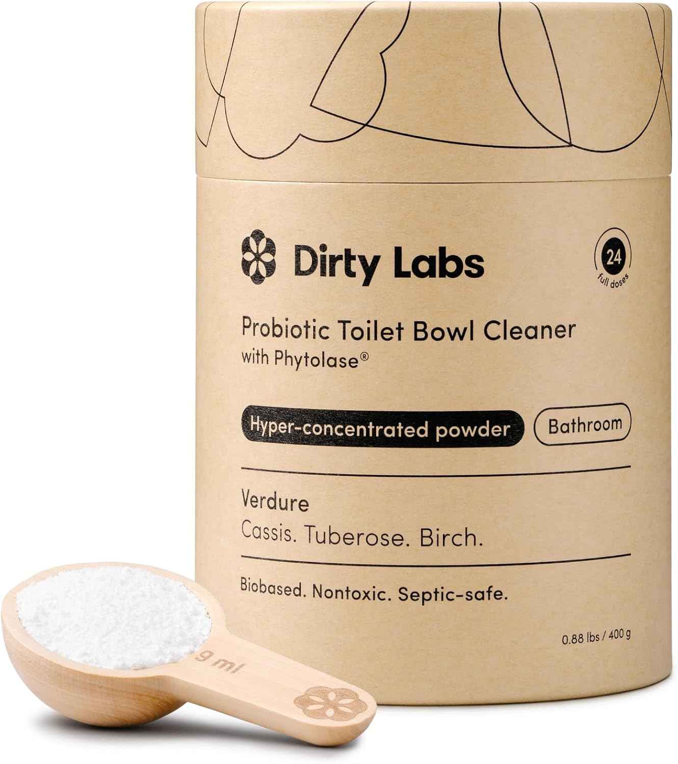 Dirty Labs | Probiotic Toilet Bowl Cleaner Powder | with Phytolase Bio Enzymes | 24 Doses | Septic-Safe, Biodegradable, Bleach-Free | Verdure Scent (Cassis. Tuberose. Birch.)