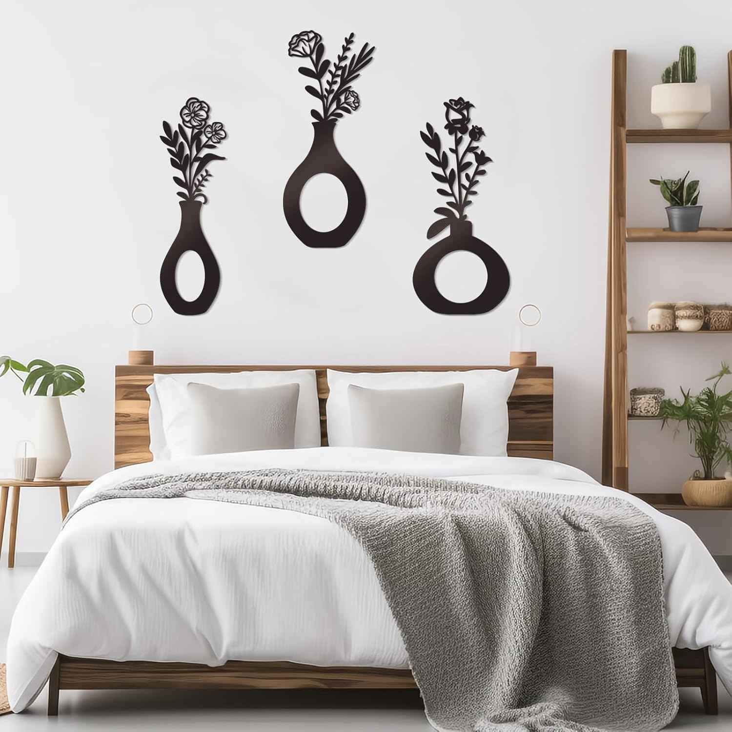 3 Pcs Black Flowers and Vases Decor Metal Flower Wall Decoration Metal Vase Wall Art Floral Home Decor Minimalist Art for Home Living Room Bathroom Dining Room (Modern)