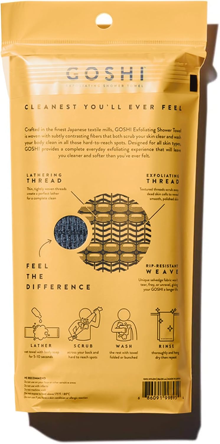 GOSHI exfoliating shower towel - rip-resistant exfoliating washcloth for all skin types - made in japan - soft and gentle