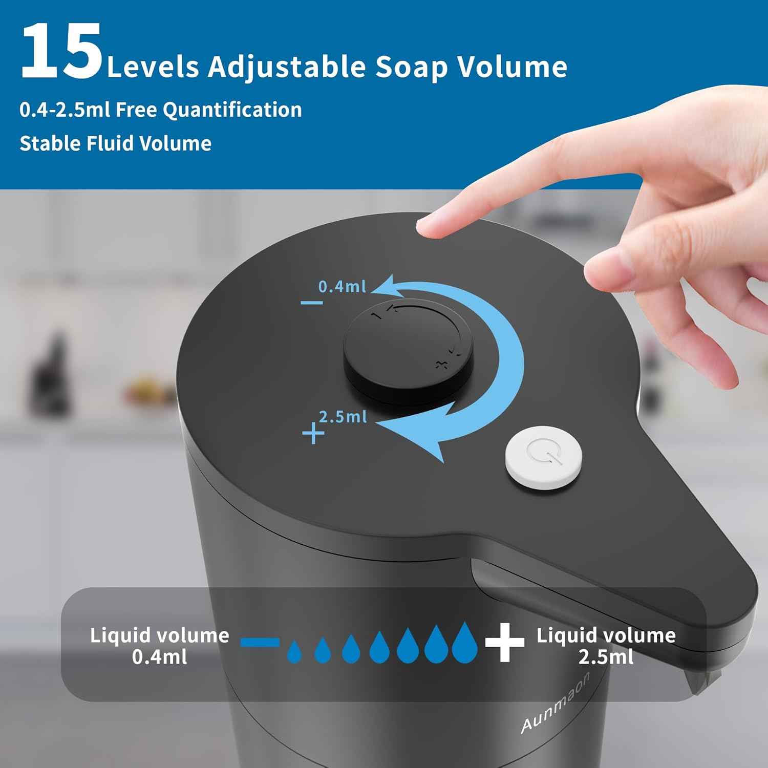 Aunmaon Automatic Soap Dispenser Touchless, Hands-Free, Multi Adjustable Volume, Long Battery Life, Compatible with Thick & Thin Dish/Hand Soap for Bathroom and Kitchen, Easy for Toddlers, Black
