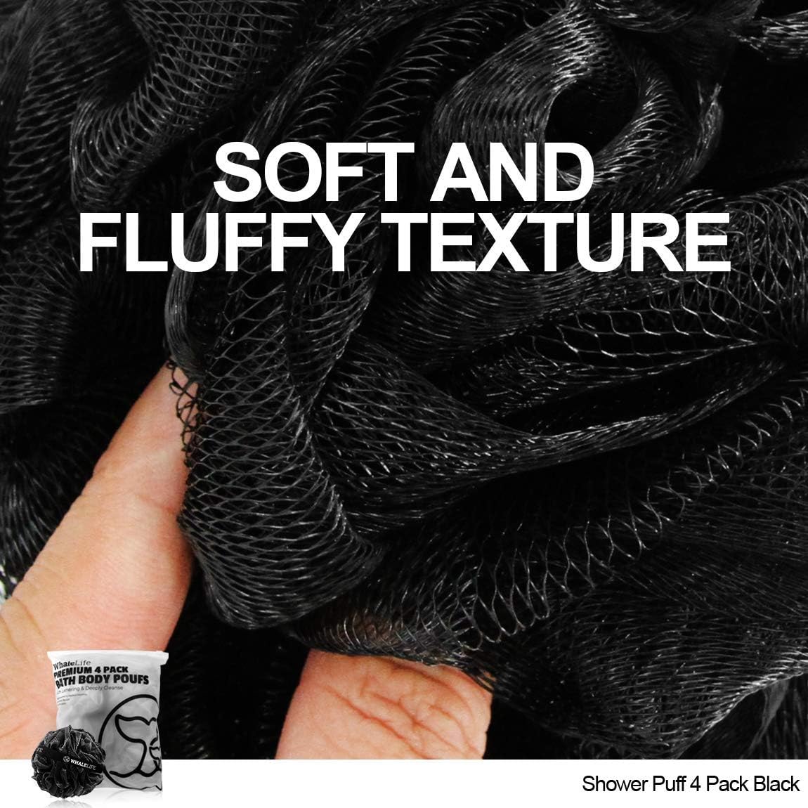 WhaleLife Shower Puff 4 Pack Black Bath Sponge Loofahs Pouf for Sensitive Skin