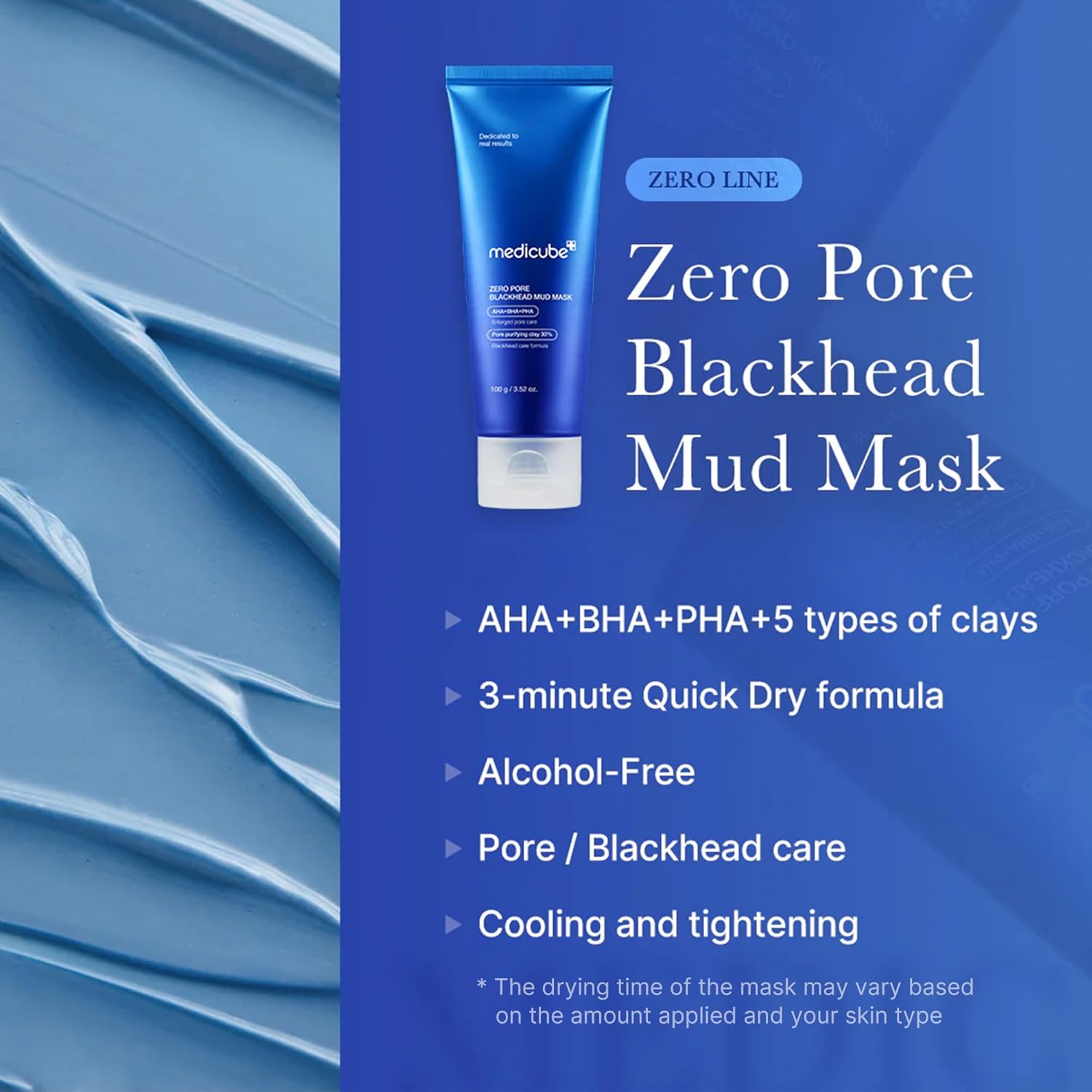 Medicube Zero Pore Blackhead Mud Facial Mask, Korean, AHA, BHA, PHA, 3-minute quick dry formula, 3.52 oz, blackhead removal, pore tightening