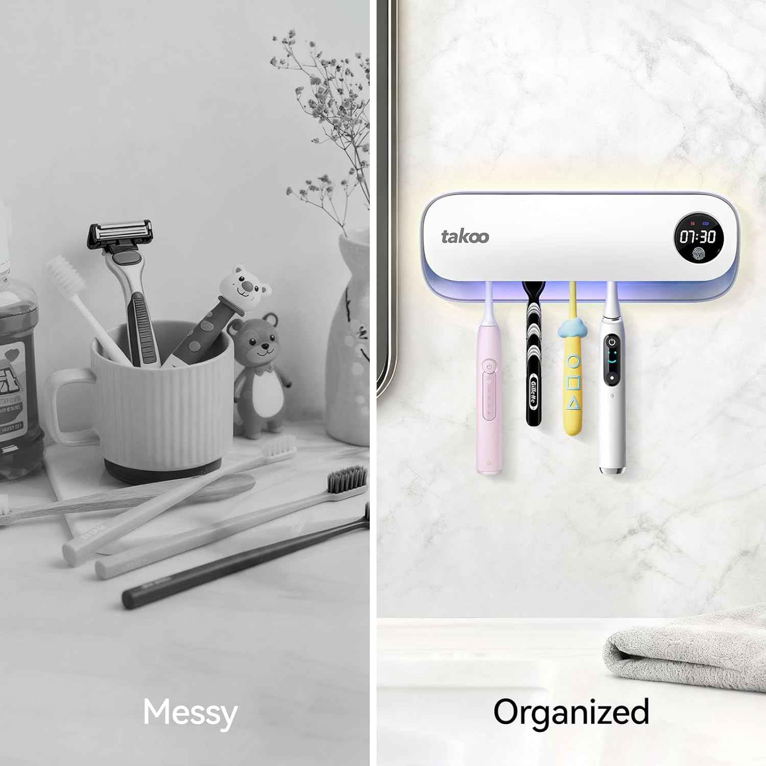 Takoo Toothbrush Cleaner, 4 Slots Wall Mounted Toothbrush Holder for Bathroom, Smart Hot Air Drying Technology, Rechargeable Smart Home Gadget