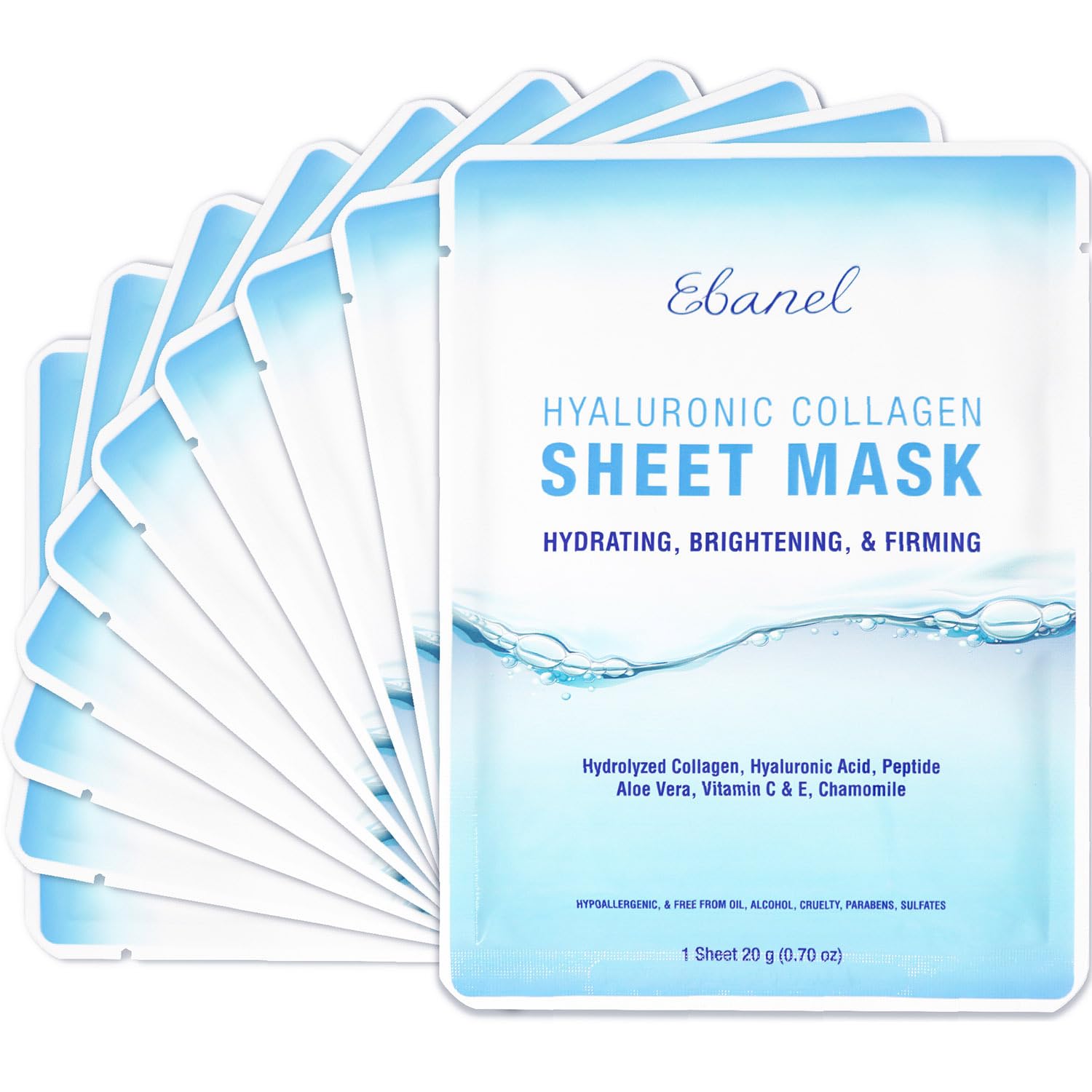 Ebanel 10 pack collagen face mask with hyaluronic acid, vitamin c, and aloe for skin firming and anti aging
