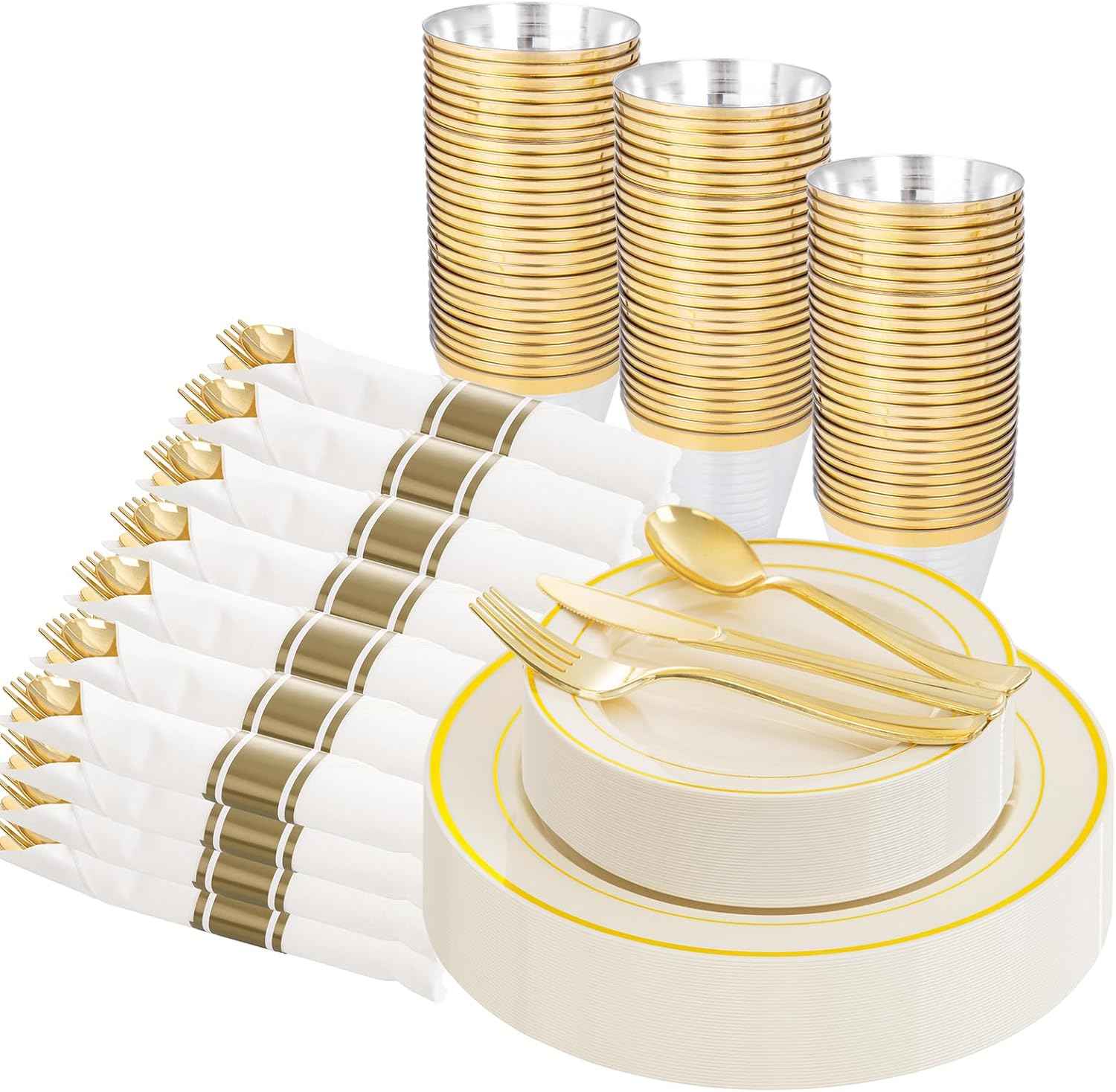 WELLIFE 700 Pieces Gold Plastic Dinnerware Set for 100 Guests - Includes Plates, Cups, Napkins, and Disposable Cutlery - Elegant White & Gold Design, Perfect for Parties and Events