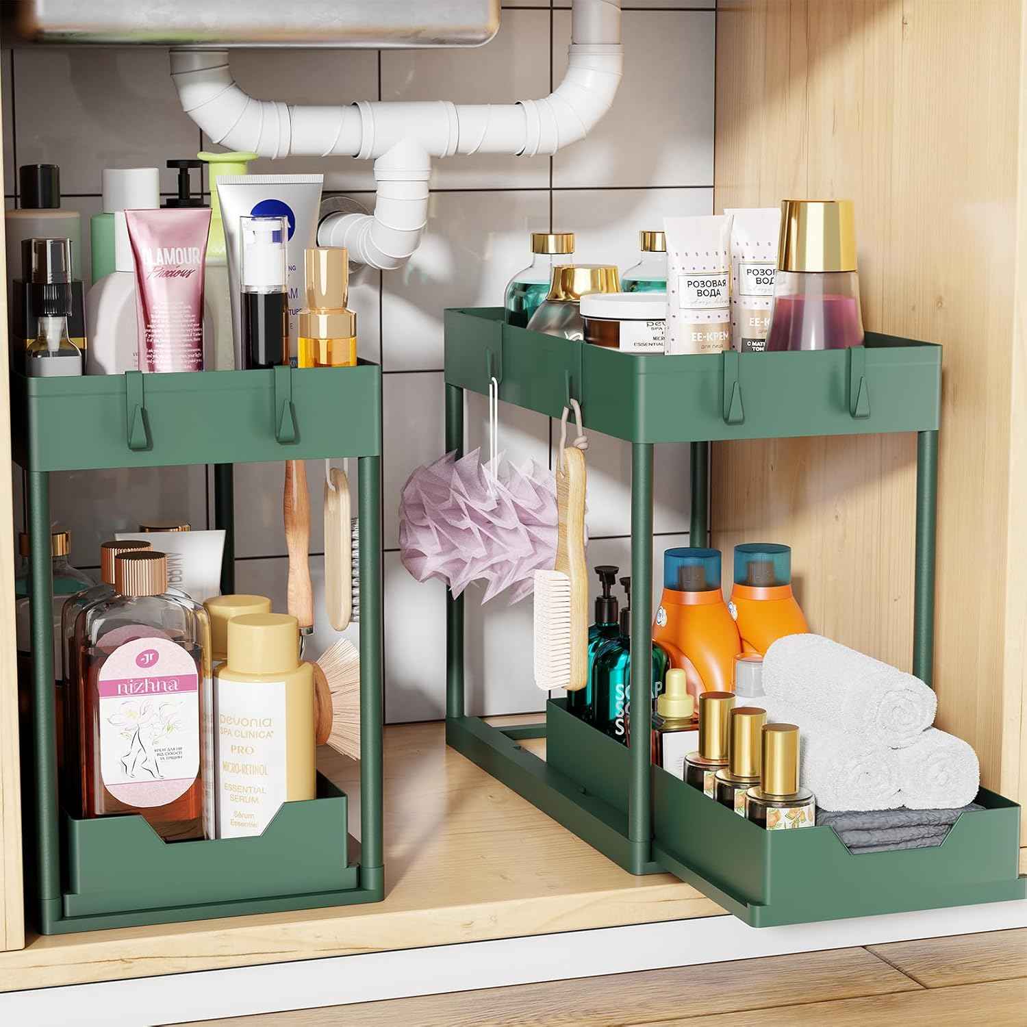 Simple Trending Under Sink Organizer 2 Pack, Sink Pull-Out Sliding Storage Cabinet, 2-Tier Under Shelf Organizer for Kitchen Bathroom, Black
