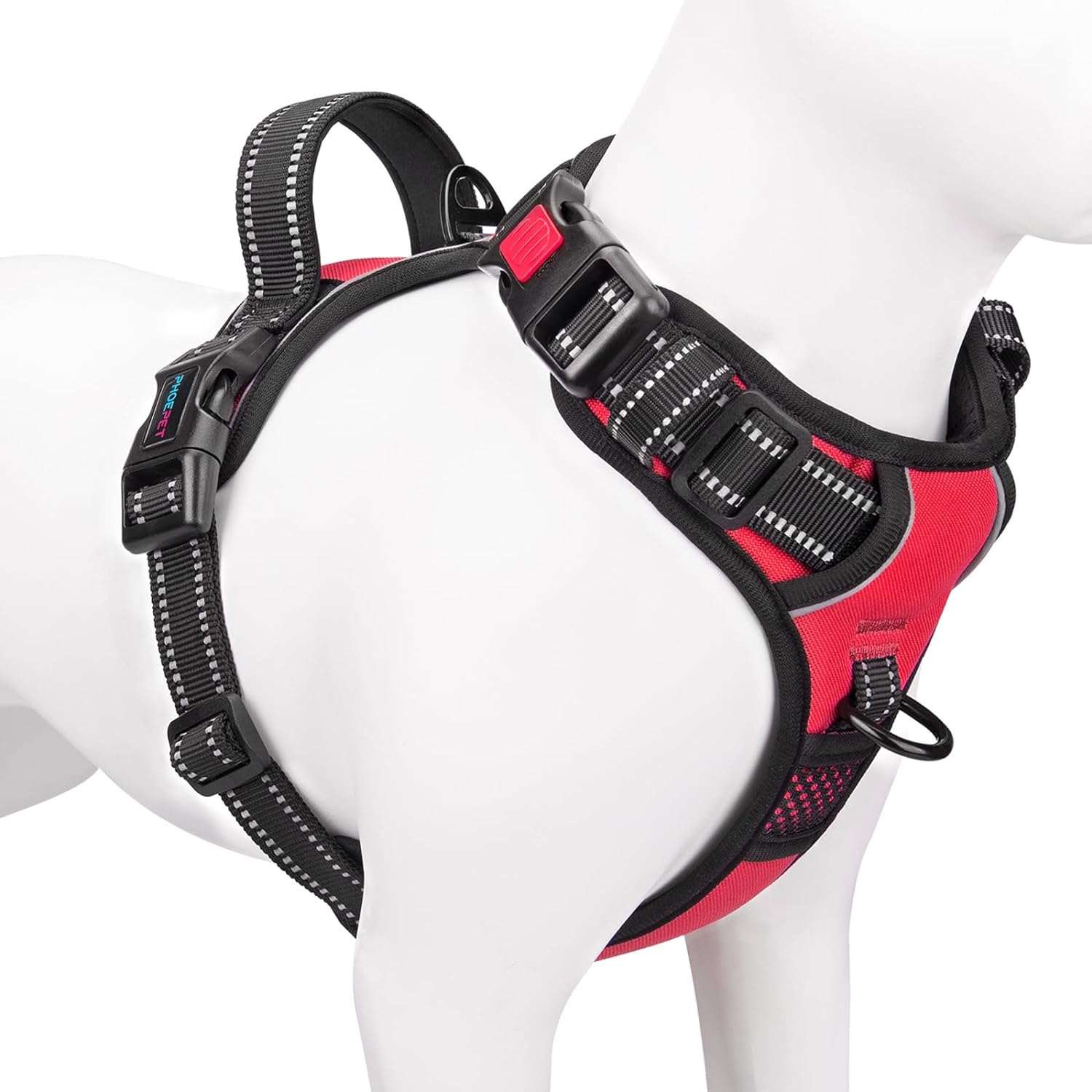 phoepet medium reflective dog harness with handle adjustable 2 metal rings orange
