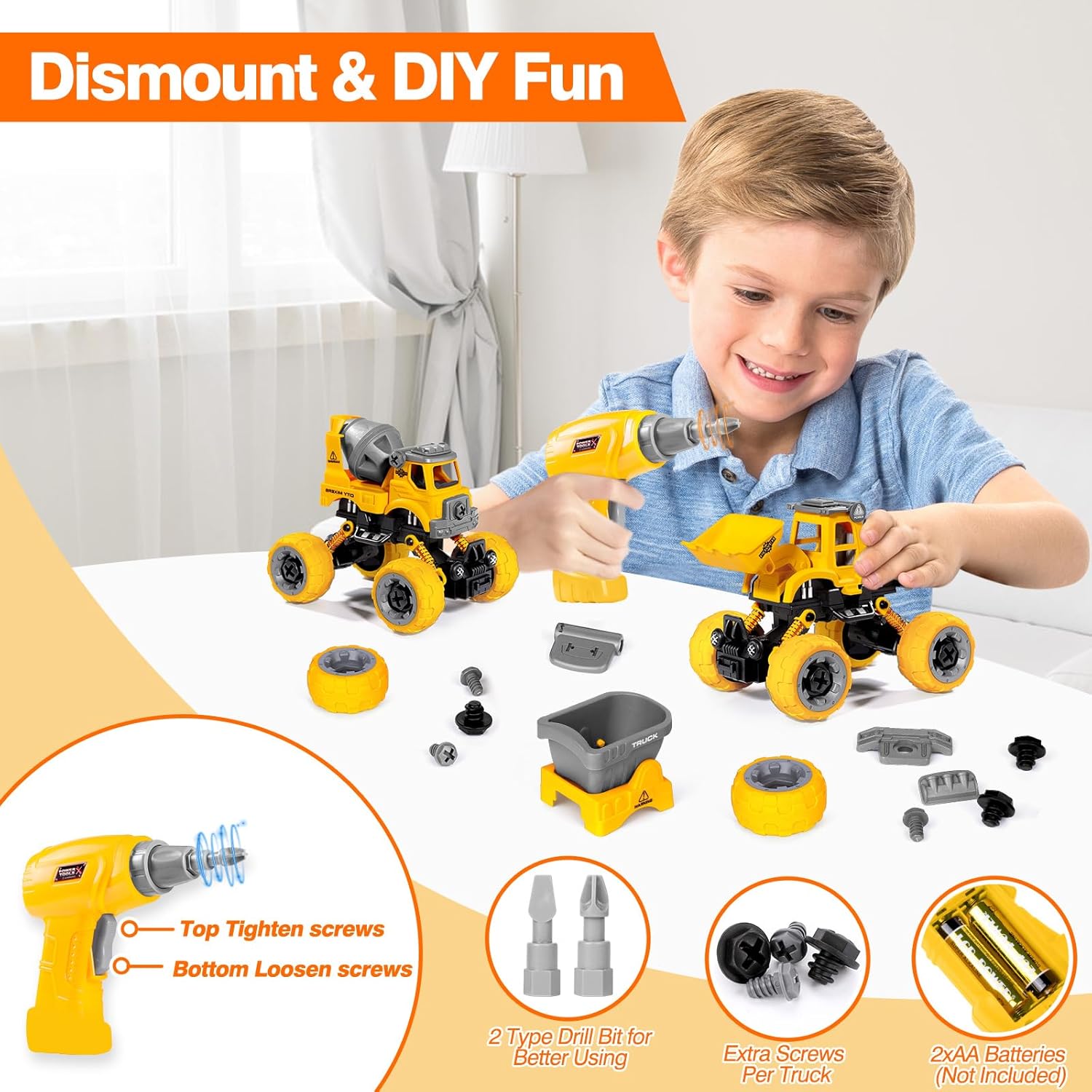 LUDILO Toys for 3 4 5 Year Old Boy Birthday Gift: 4PCS Take Apart Construction Truck Excavator Toy with Electric Drill, Kids Building Stem Learning Toy Gifts for 3 4 5 6 Year Old Boys Toys Age 4-6 3-5