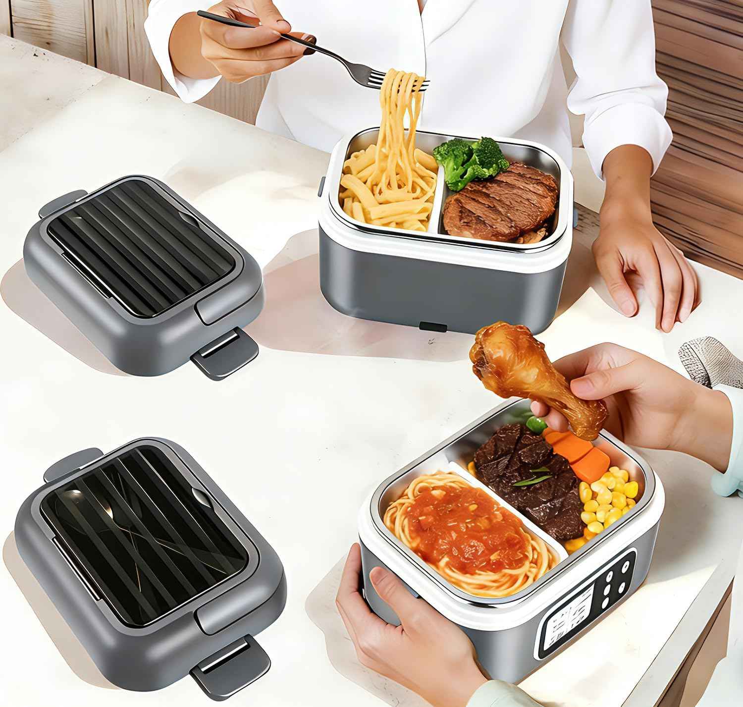 2 x 6.3-Cup Cordless Electric Heated Lunch Box, 100W Rechargeable Portable Food Warmer for Adults Work Travel Car - Battery-Powered & Self-Heating