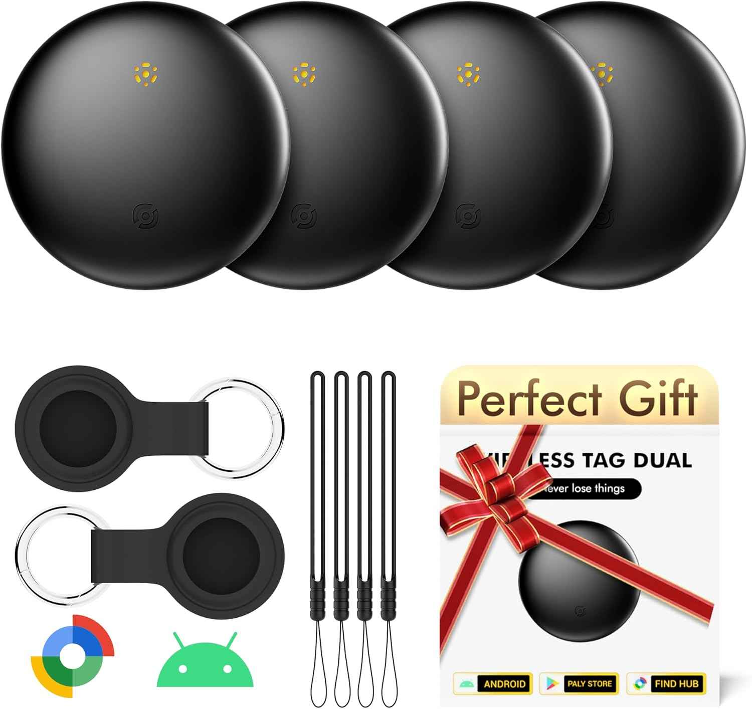 Air Tracker Tags 4 Pack for Android with Case- Bluetooth GPS Tracker Item Finder for Key, Wallet, Luggage - Works with Google Find Hub, IP66 Waterproof, Smart Tag for Android & Samsung Phones(Black)